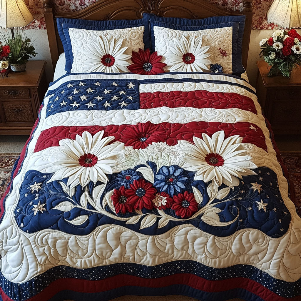 Patriotic Petals  Quilted Bedding Set  Floral Bedding Fourth Of July Birthday Gifts