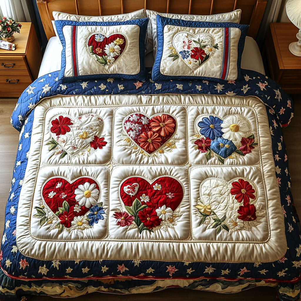 Patriotic Petals  Quilted Bedding Set  Floral Duvet Covers Fourth Of July Birthday Gifts