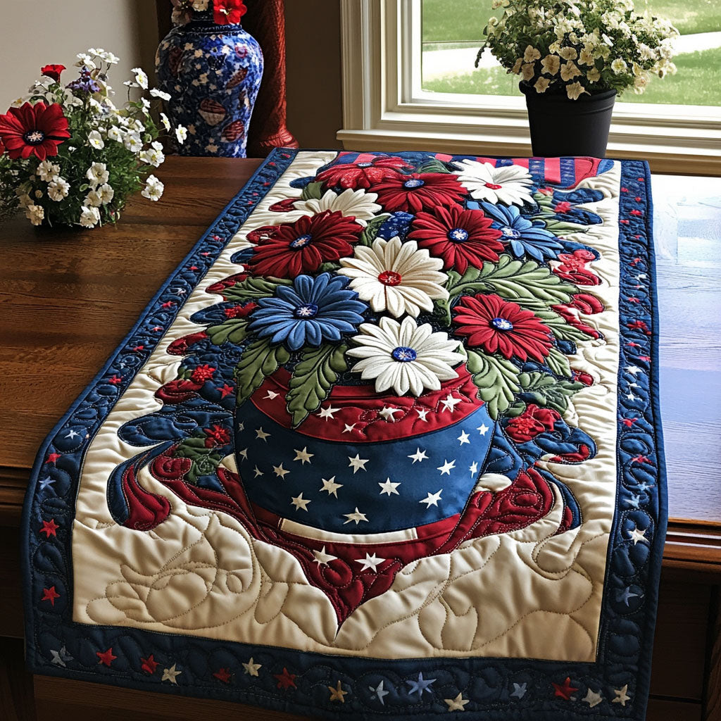 Patriotic Petals Quilted Table Runner  Independence Day Runner 4Th Of July Present