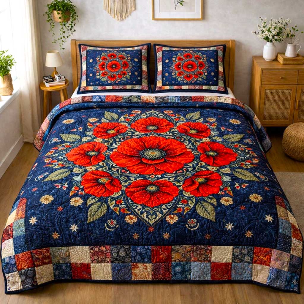 Patriotic Poppy Floral Quilted Bedding Set Good Bedroom Decor Best Gift For Her - Tradiviet