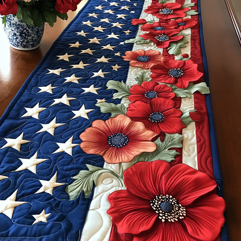 Patriotic Poppy Parade Quilted Table Runner  Holiday Table Runner Cute 4Th Of July Gifts