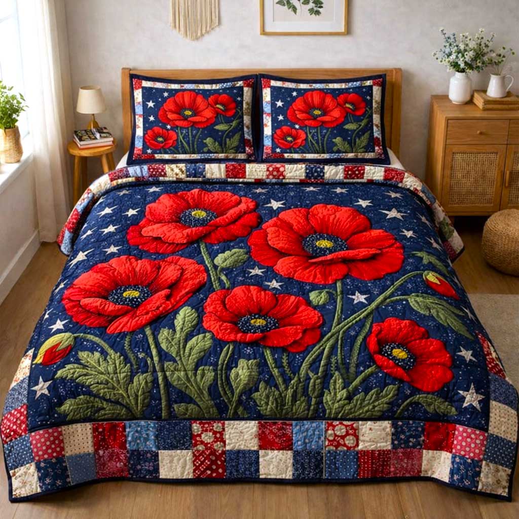 Patriotic Poppy Quilted Bedding Set Holiday Bedroom Decor Gifts For Mom - Tradiviet