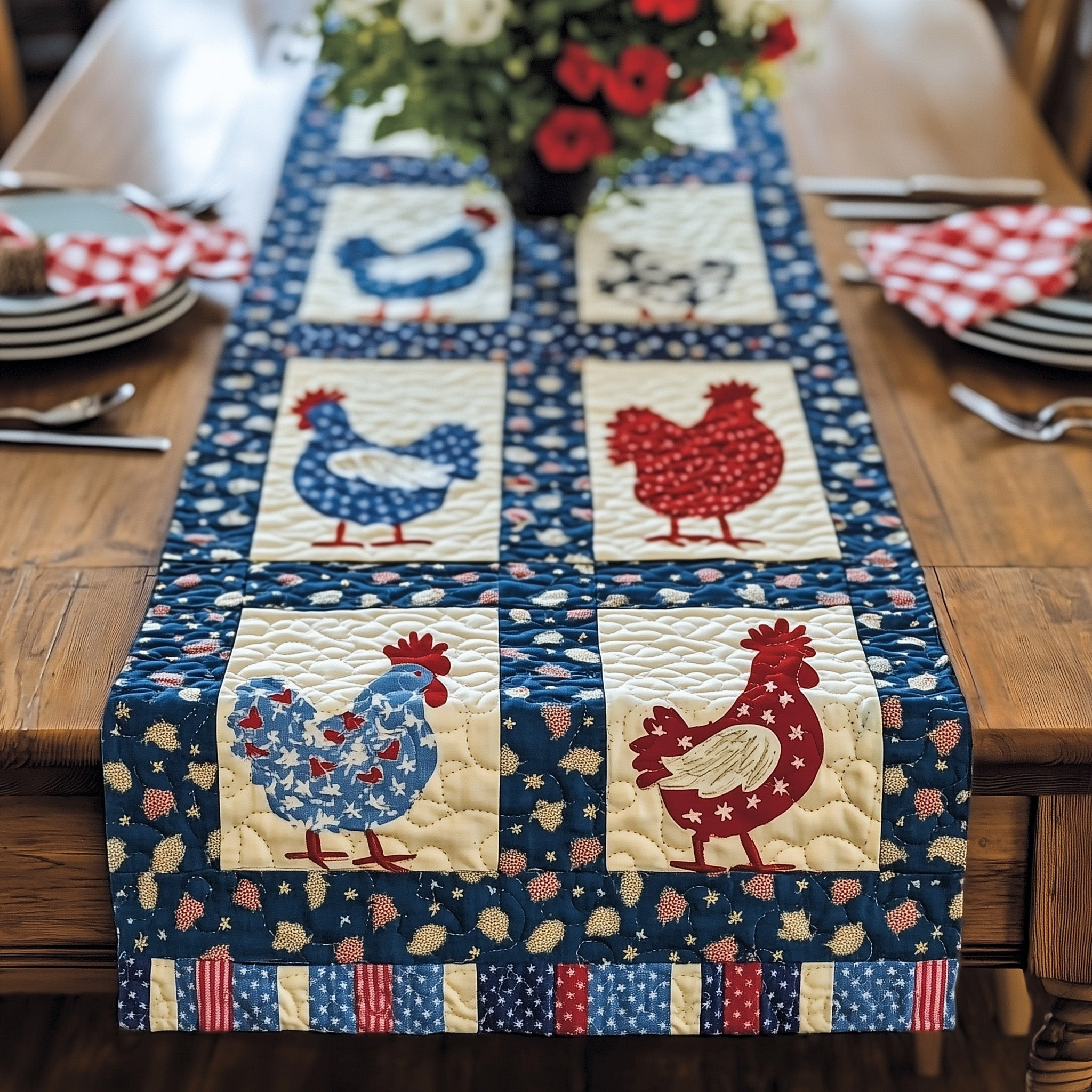 Patriotic Poultry Parade Quilted Table Runner  Summer Table Runner 4Th Of July Present