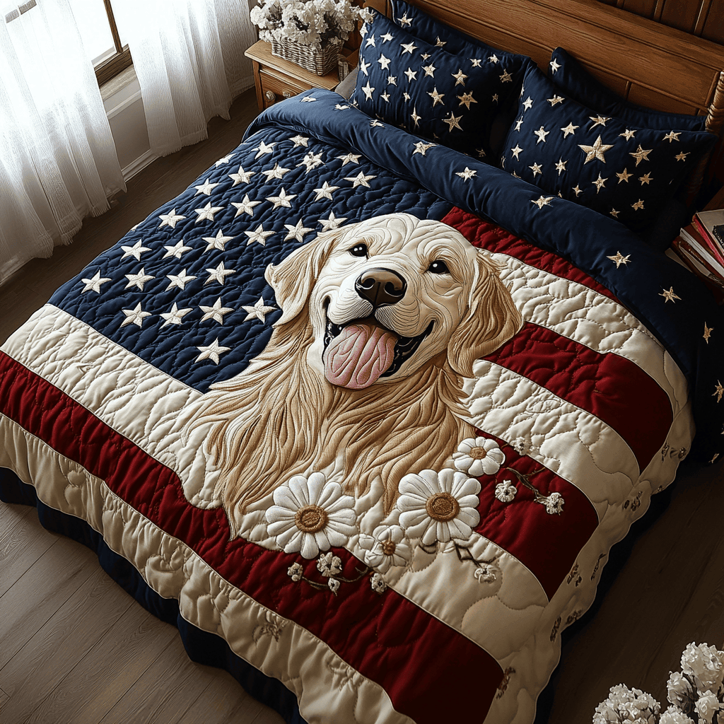 Patriotic Retriever  Quilted Bedding Set  King Size Bed Set Best 4Th Of July Gifts