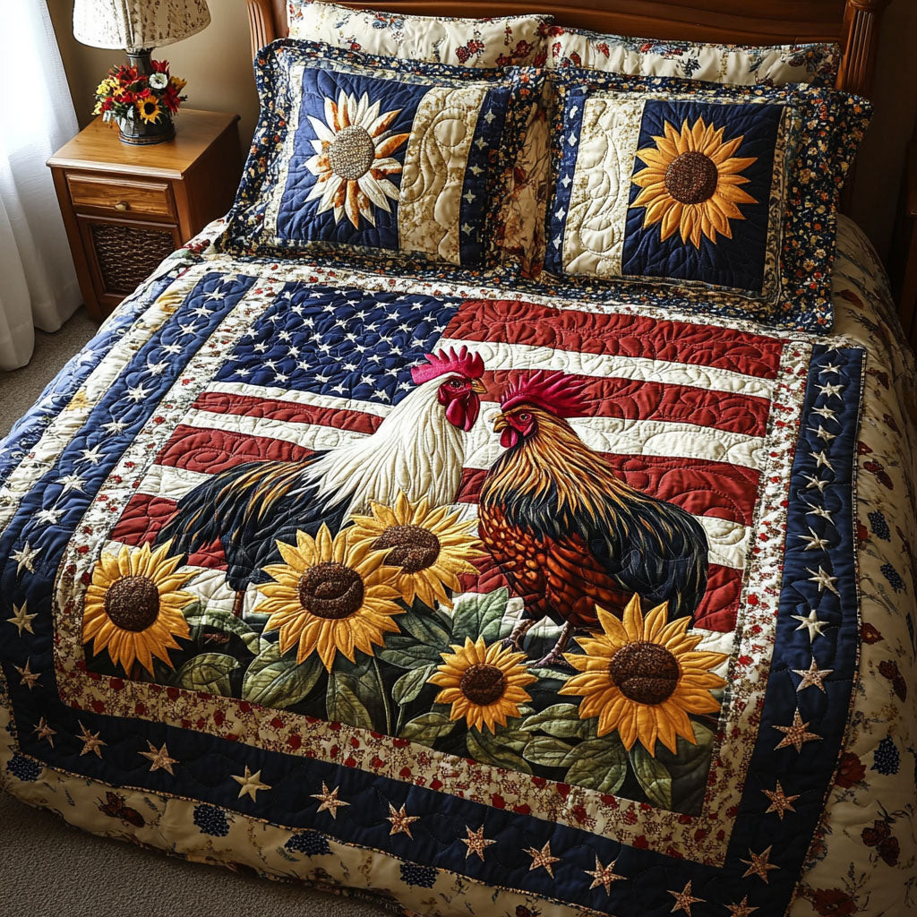 Patriotic Rooster  Quilted Bedding Set  King Size Bed Set Best 4Th Of July Gifts