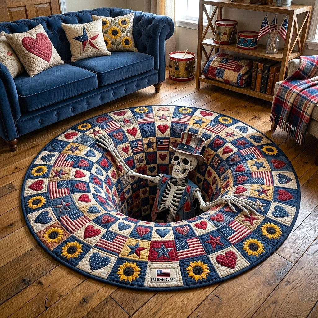 Patriotic Skull Quilted Round Mat Uncle Sam Skeleton Decor American Flag Patchwork Decor - Tradiviet