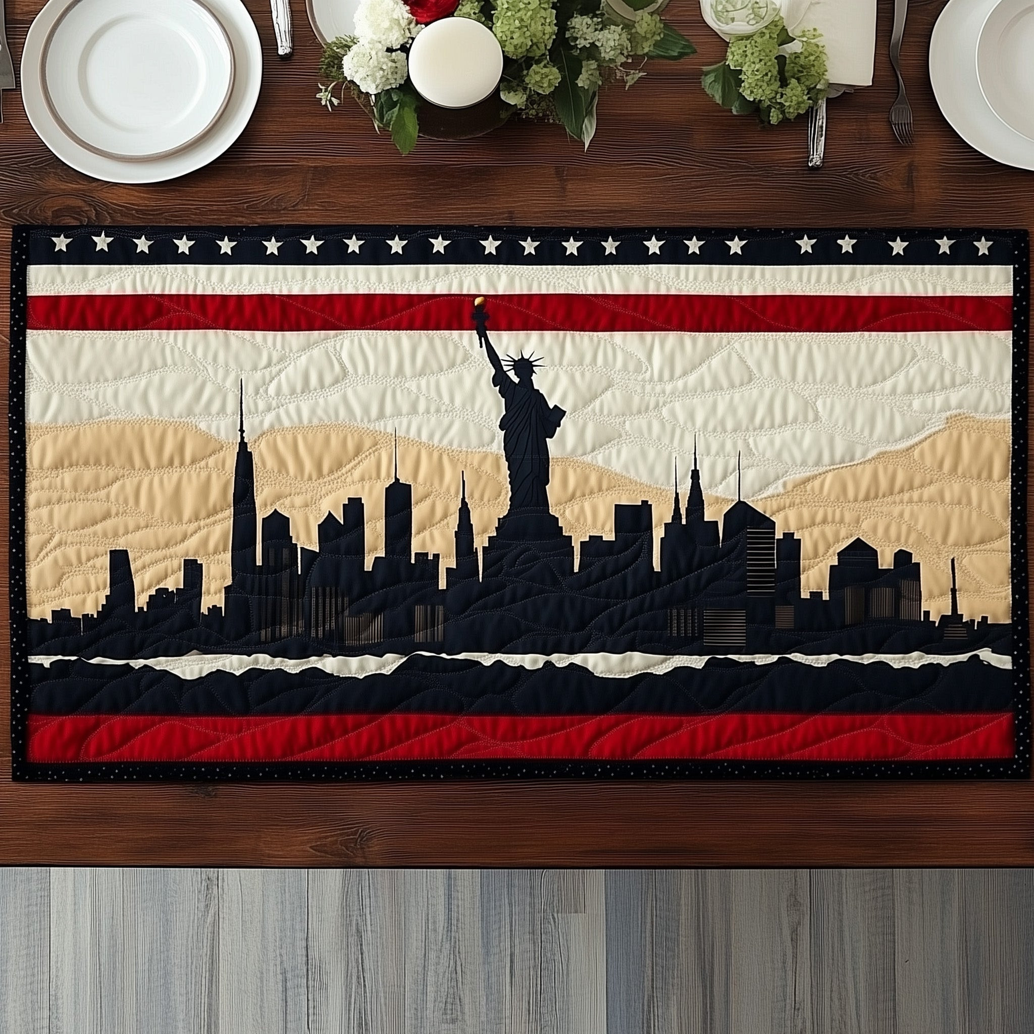 Patriotic Skylin Quilted Table Runner  Floral Runner 4Th Of July Employee Gifts
