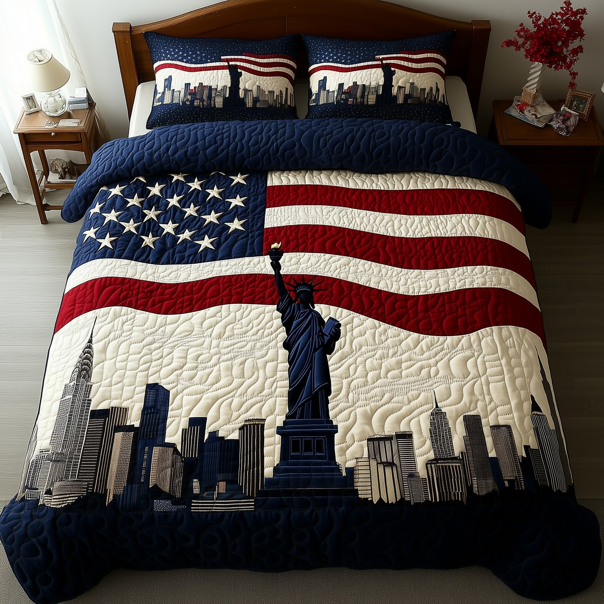 Patriotic Skyline  Quilted Bedding Set  Fourth Of July Birthday Presents