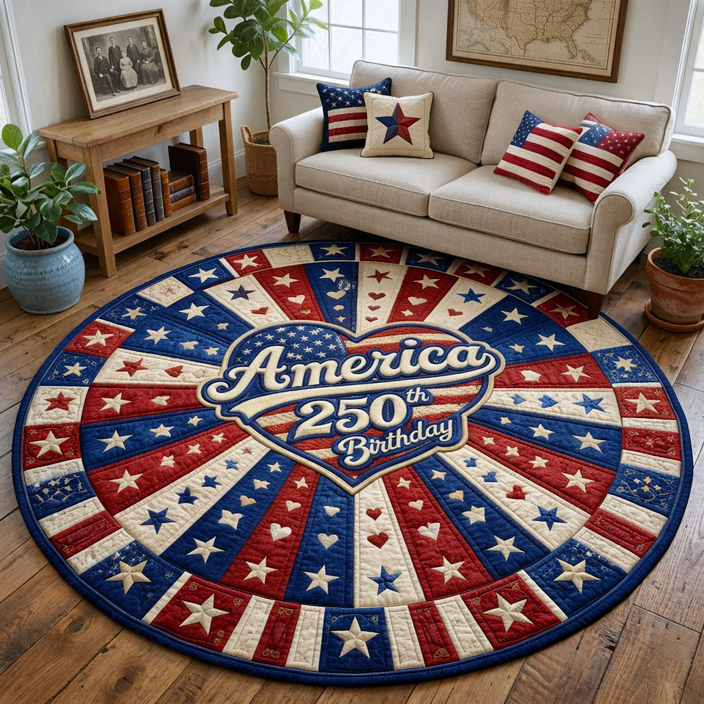 Patriotic Stars Stripes Quilted Round Mat 1776-2026 USA Anniversary Living Room Rug - Tradiviet