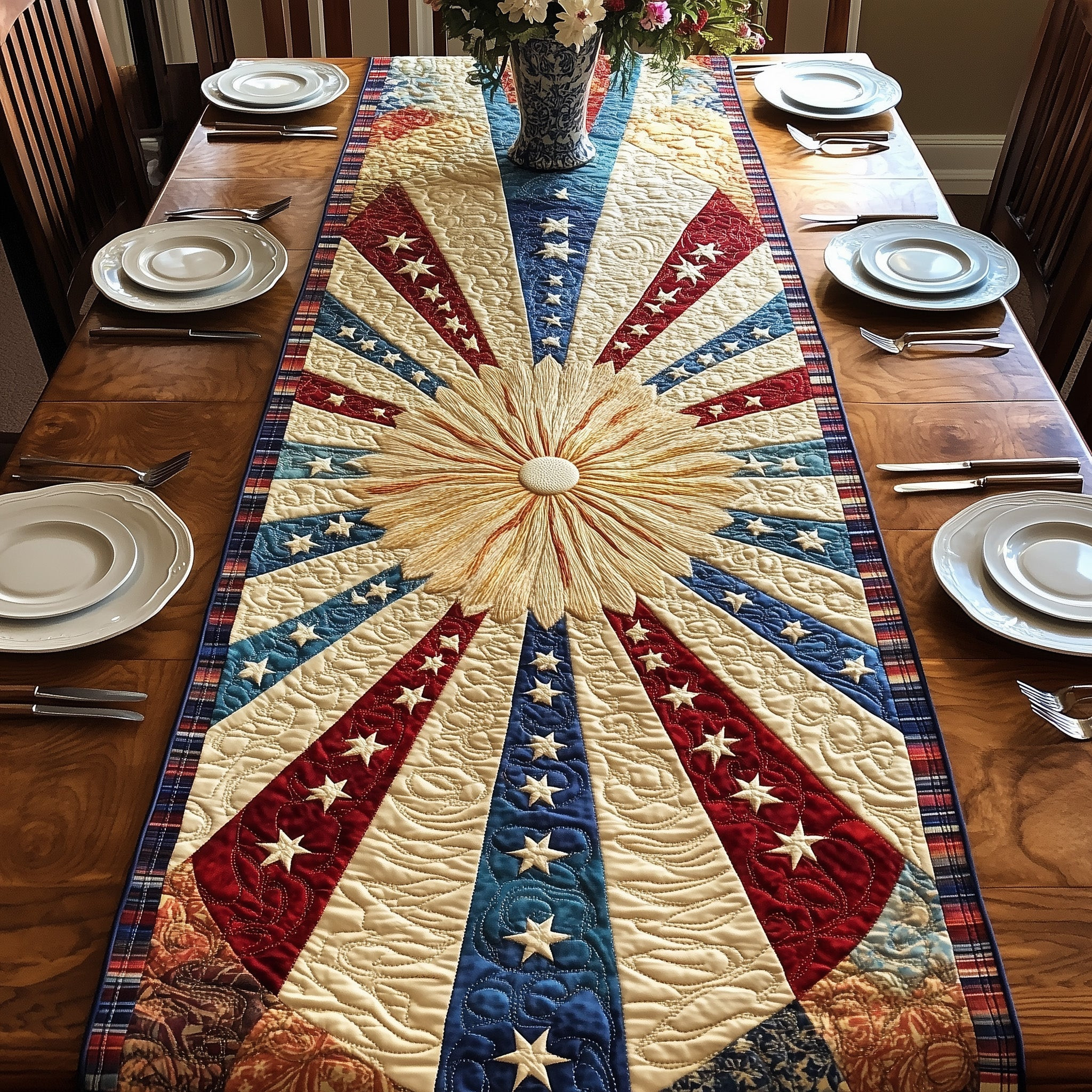 Patriotic Sun Quilted Table Runner  Fourth Of July Hostess Gifts