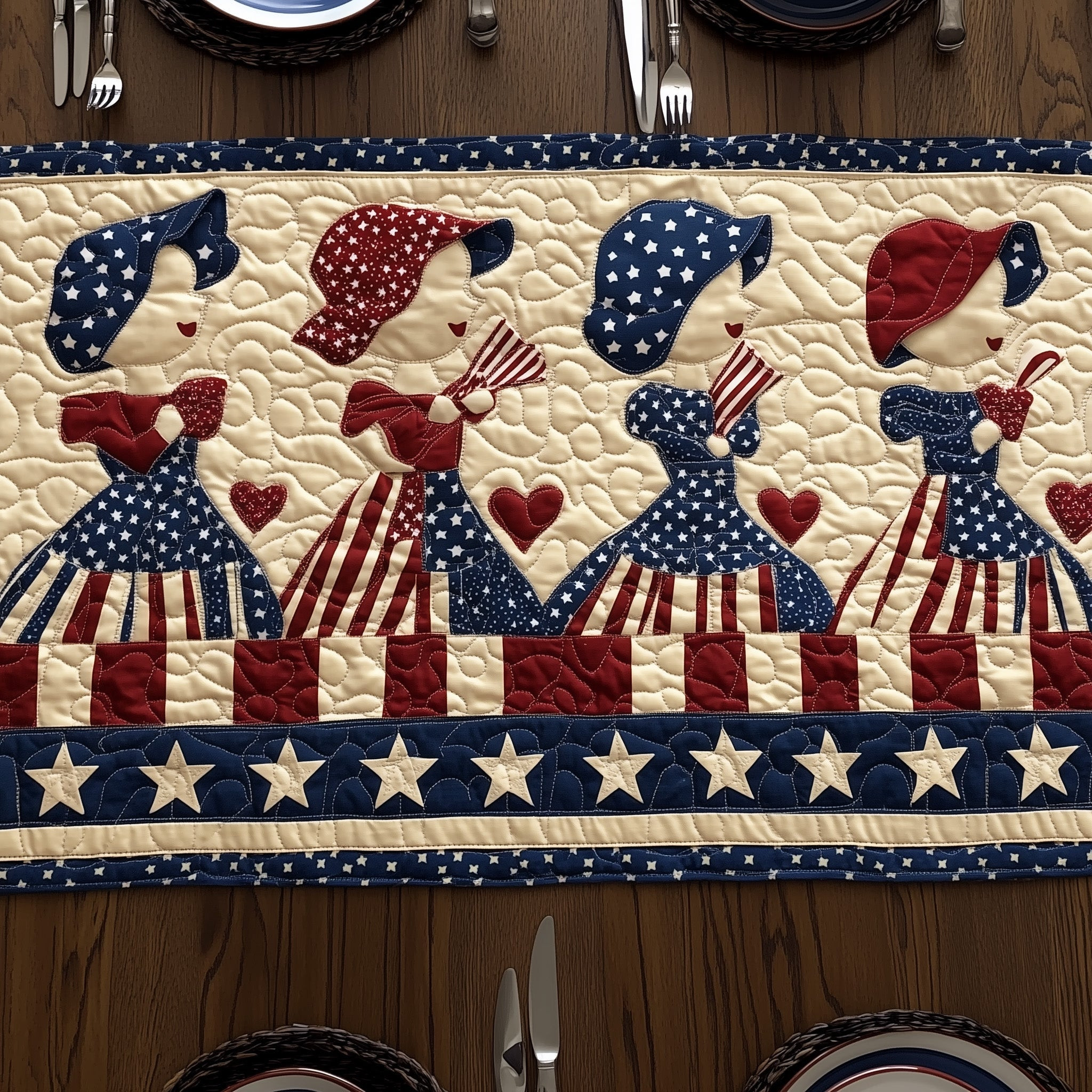 Patriotic Sunbonnet Sue Quilted Table Runner  Dining Table Runner 4Th Of July Employee Gifts
