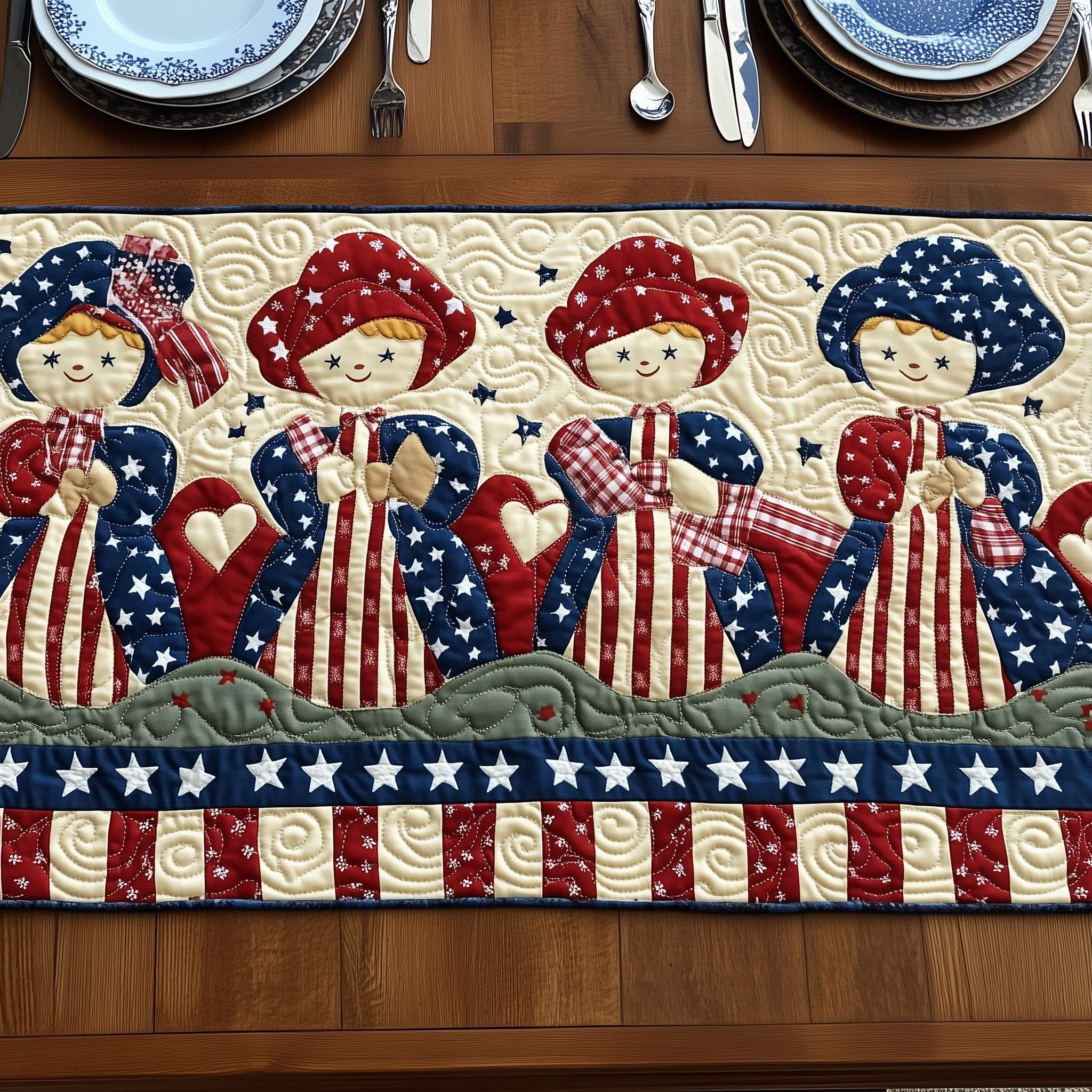 Patriotic Sunbonnet Sue Quilted Table Runner  Holiday Table Runner Fourth Of July Hostess Gifts
