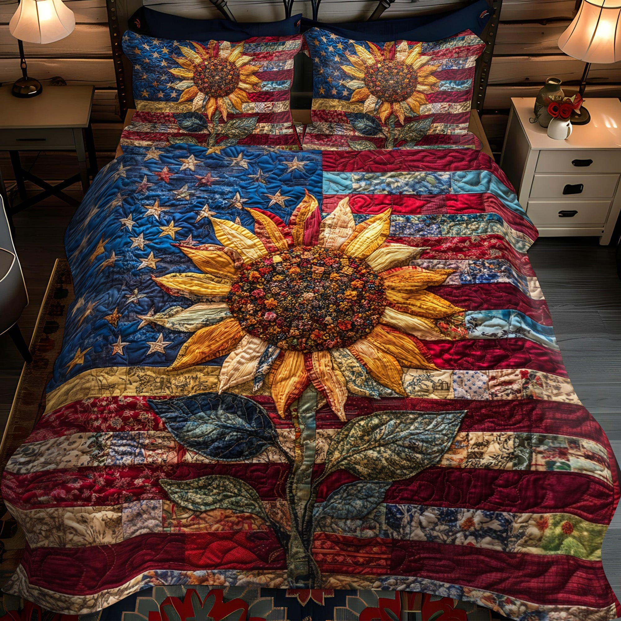 Patriotic Suower  Quilted Bedding Set  American Flag Duvet Covers Fourth Of July Birthday Gifts