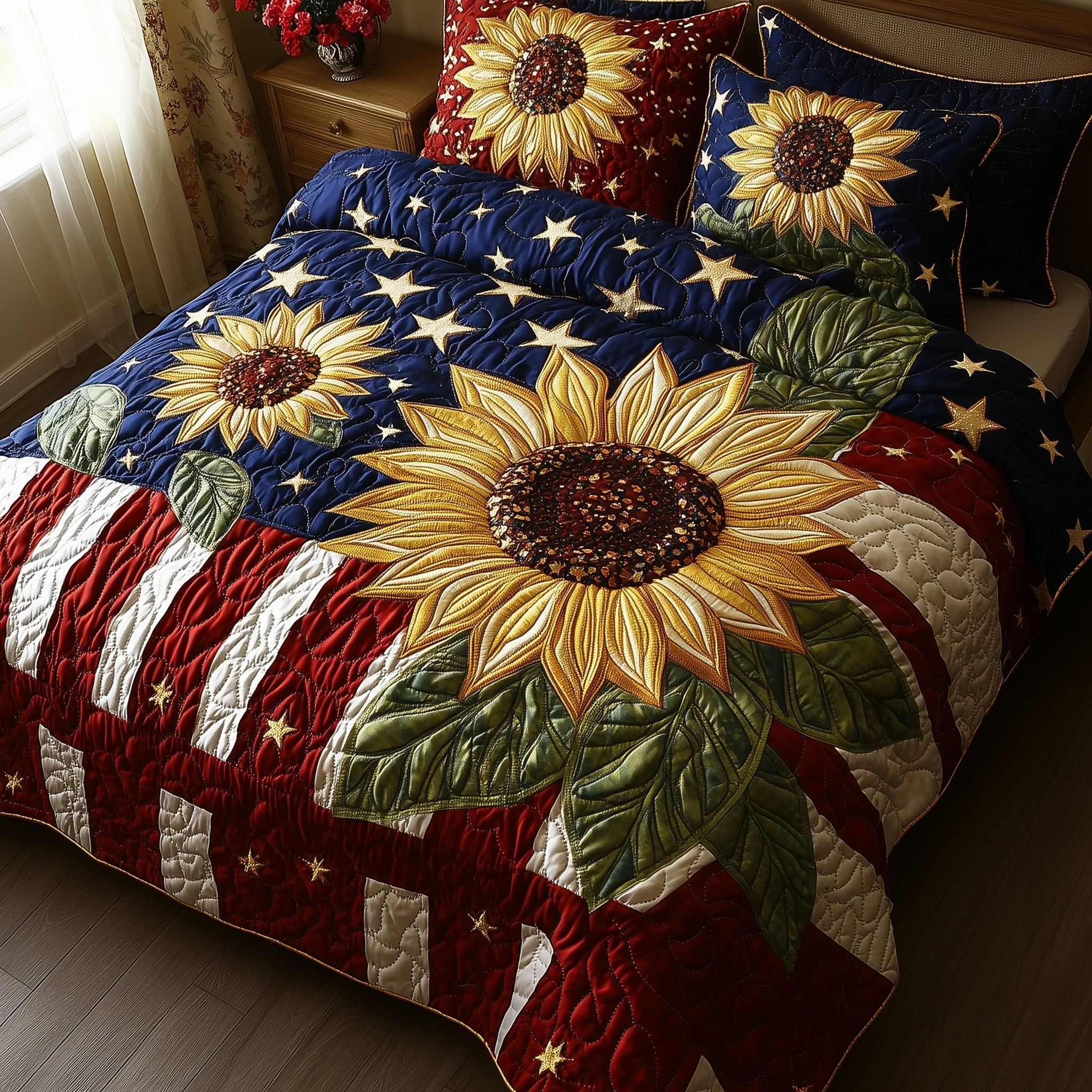 Patriotic Suower  Quilted Bedding Set  King Size Quilt Fourth Of July Gift Ideas
