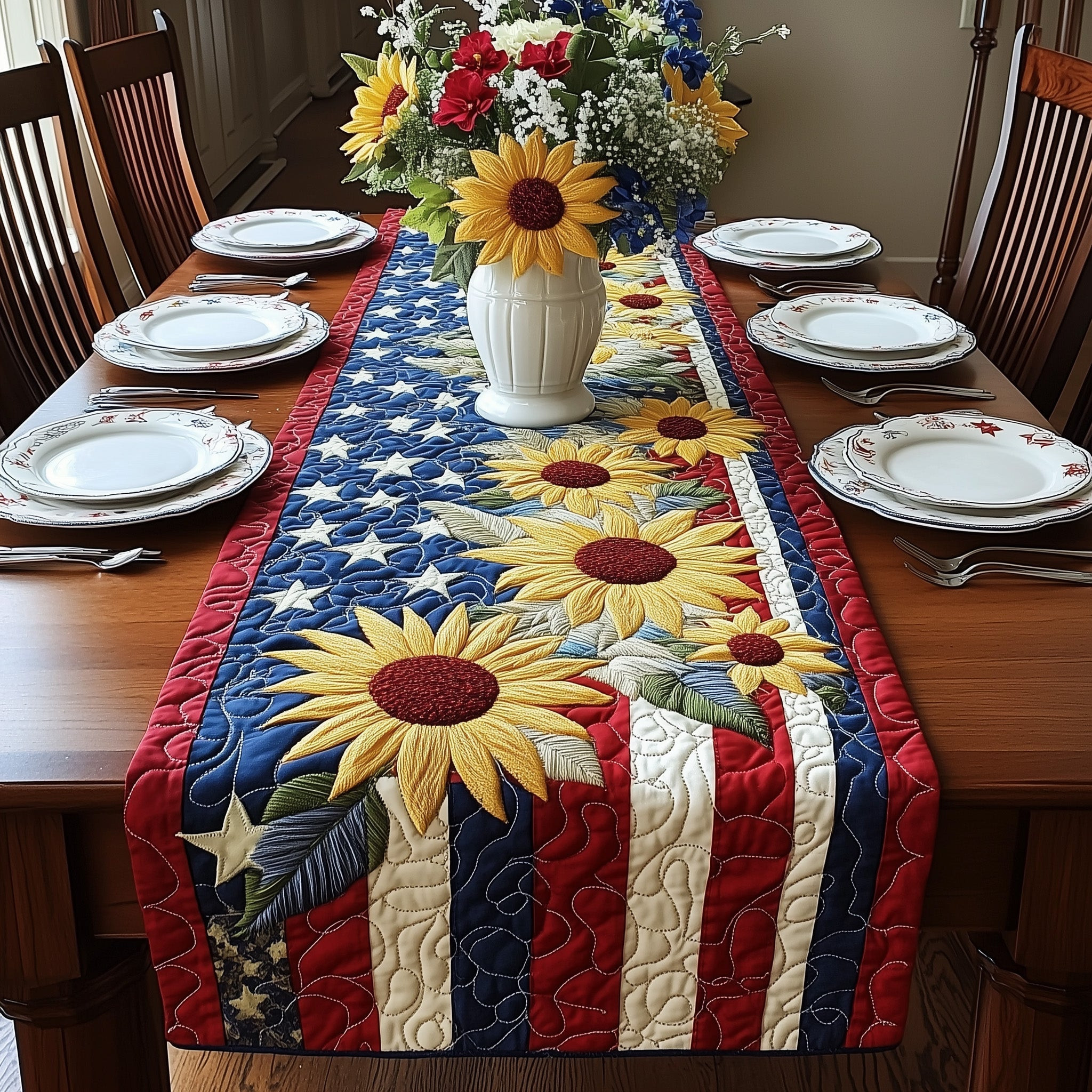 Patriotic Suower Quilted Table Runner  4Th Of July Client Gifts