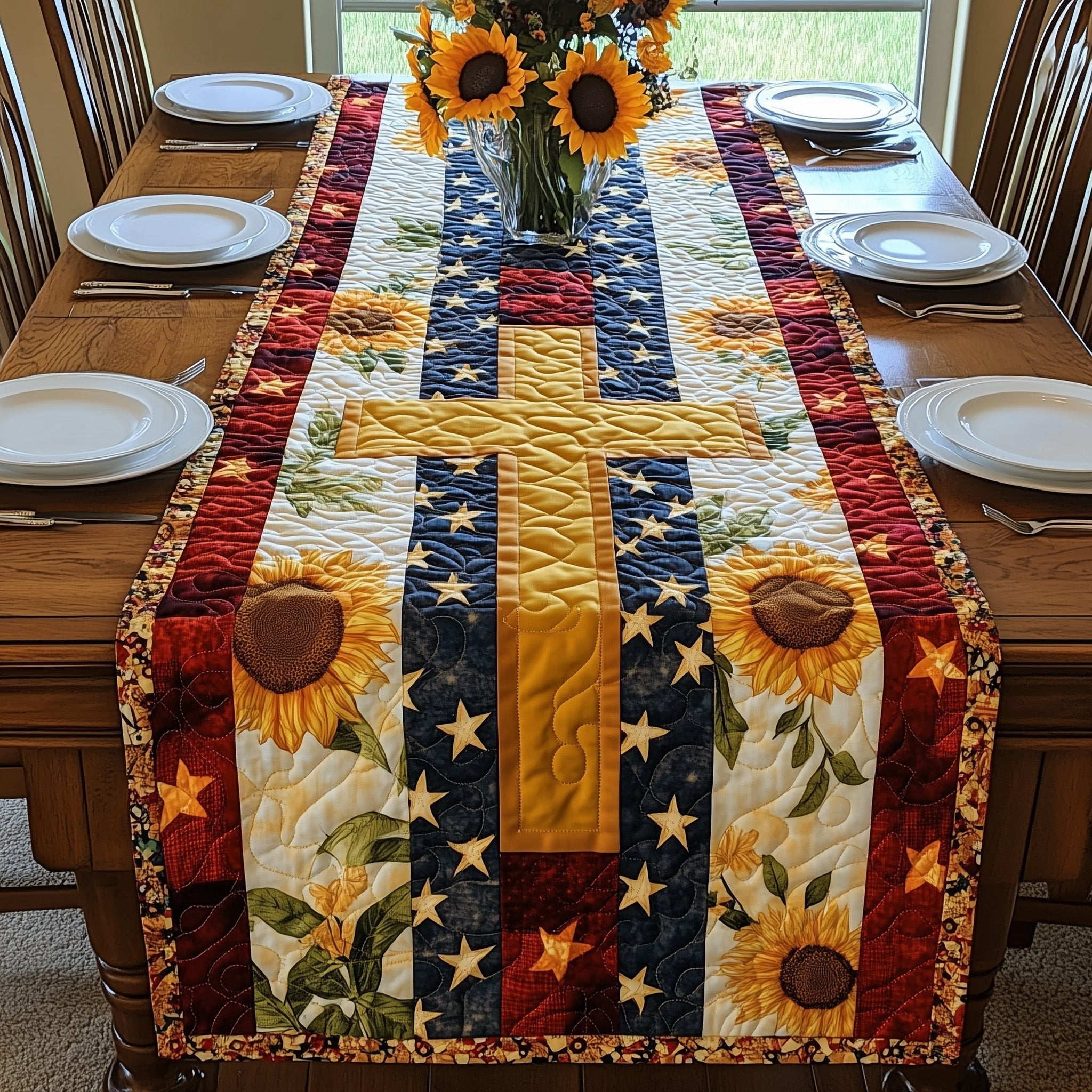 Patriotic Suower Quilted Table Runner  4th Of July Table Runner Best Independence Gift