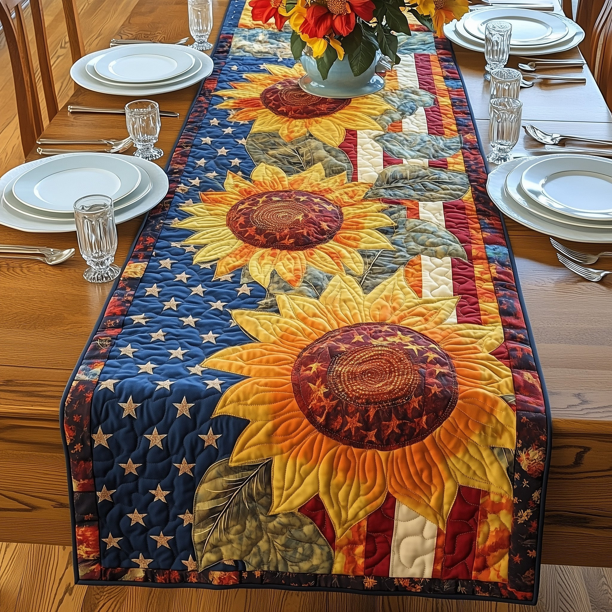 Patriotic Suower Quilted Table Runner  Holiday Table Runner Fourth Of July Hostess Gifts