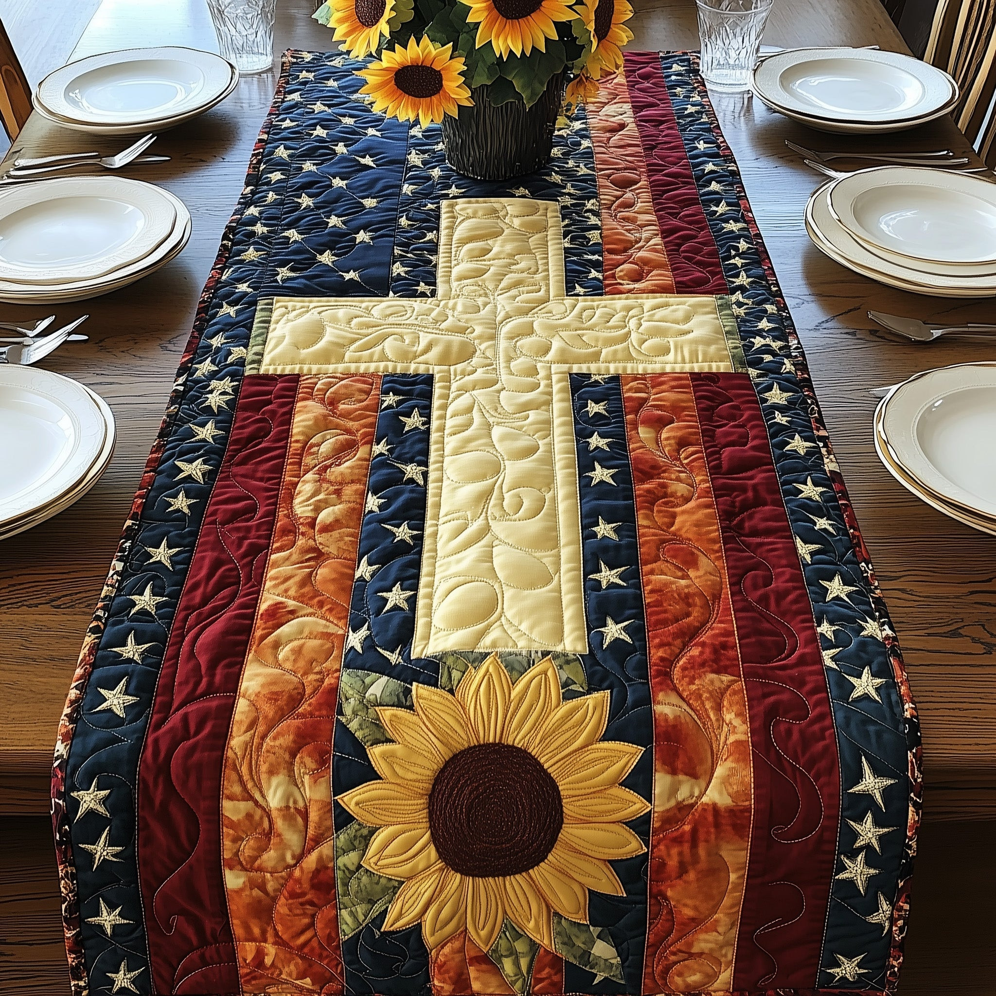 Patriotic Suower Quilted Table Runner  Summer Table Runner 4Th Of July Present