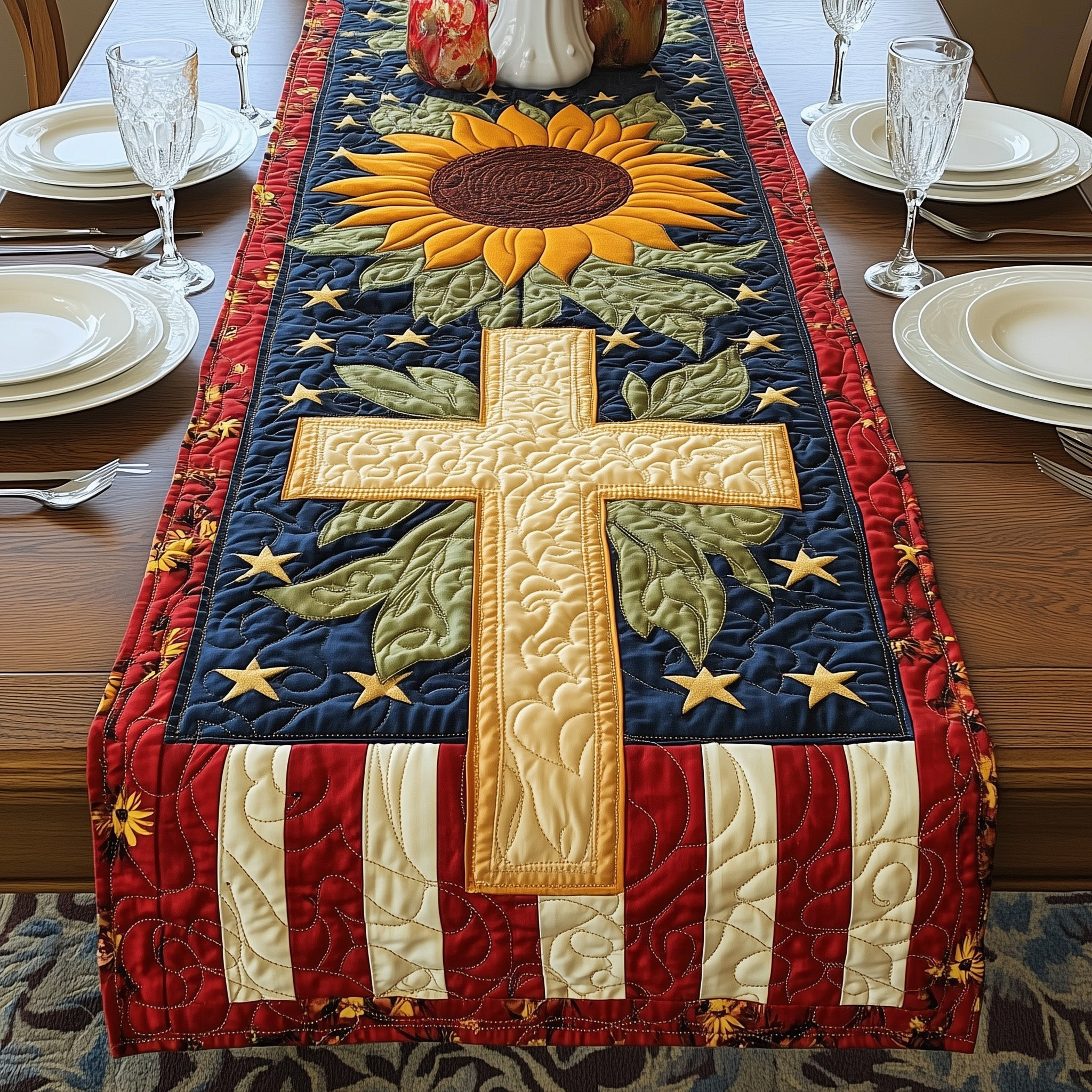 Patriotic Suower Quilted Table Runner  Summer Table Runner 4Th Of July Themed Gifts