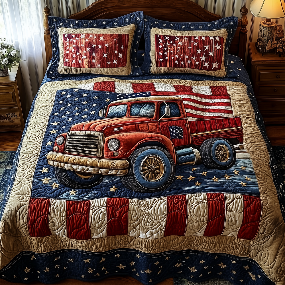 Patriotic Truck Quilted Bedding Set Holiday Bedroom Decor Gifts For Father - Tradiviet