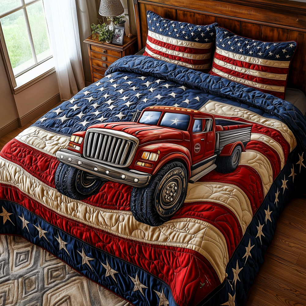 Patriotic Truck Quilted Bedding Set Holiday Bedroom Decor Gifts For Grandpa - Tradiviet