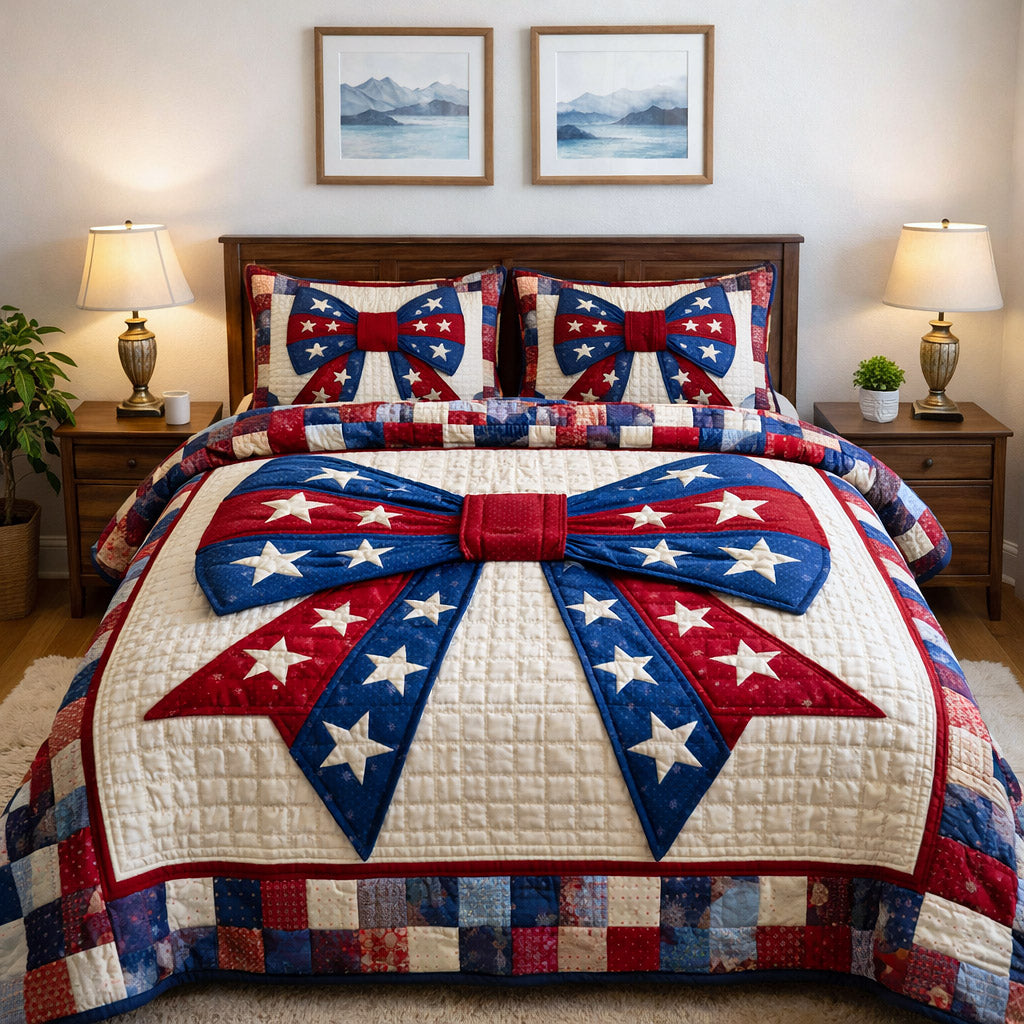 Patriotic USA Flag Bow Tie Quilted Bedding Set Room Decorations Gifts Ideas For Her - Tradiviet