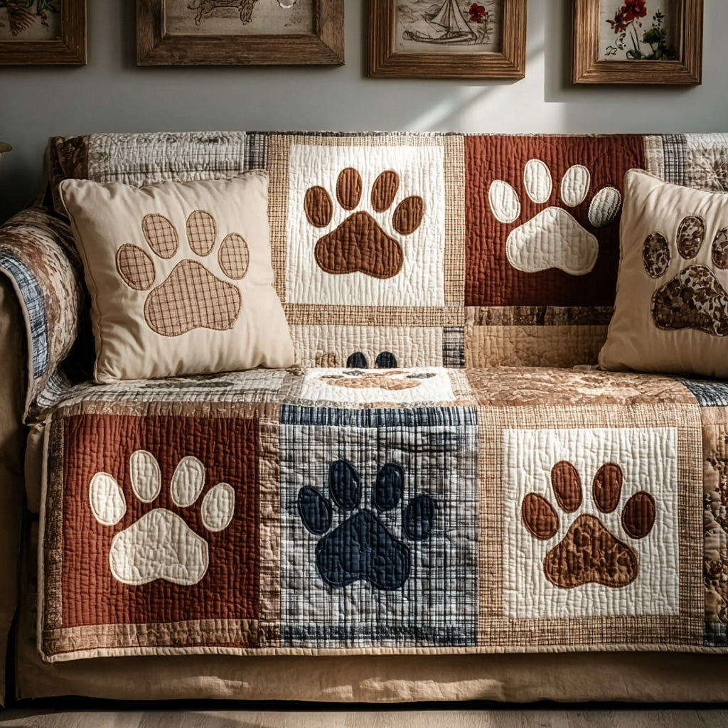 Pawprint Comfort Quilted Sofa Cover Dog Paw Pattern Cozy Couch Cover