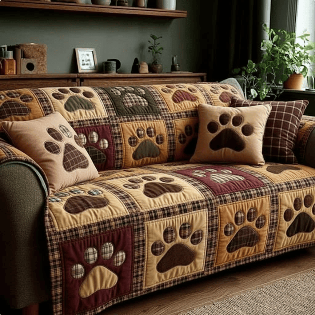 Paws Love Quilted Sofa Cover Handmade Patchwork Sofa Protector Gift for Dog Cat Lovers