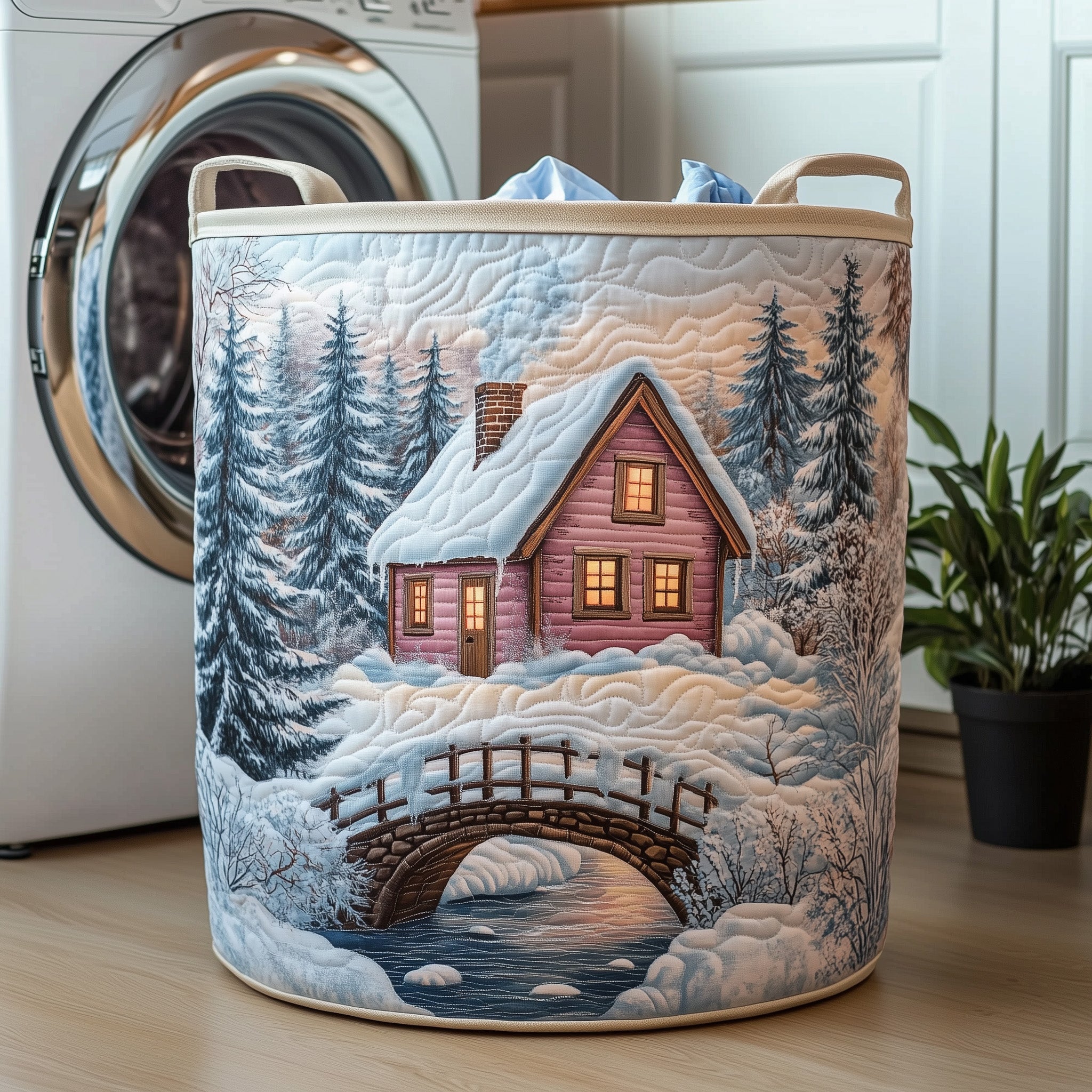 Peaceful Snow Cabin Quilted Laundry Basket Adorable Laundry Basket Father's Day Gifts - Tradiviet