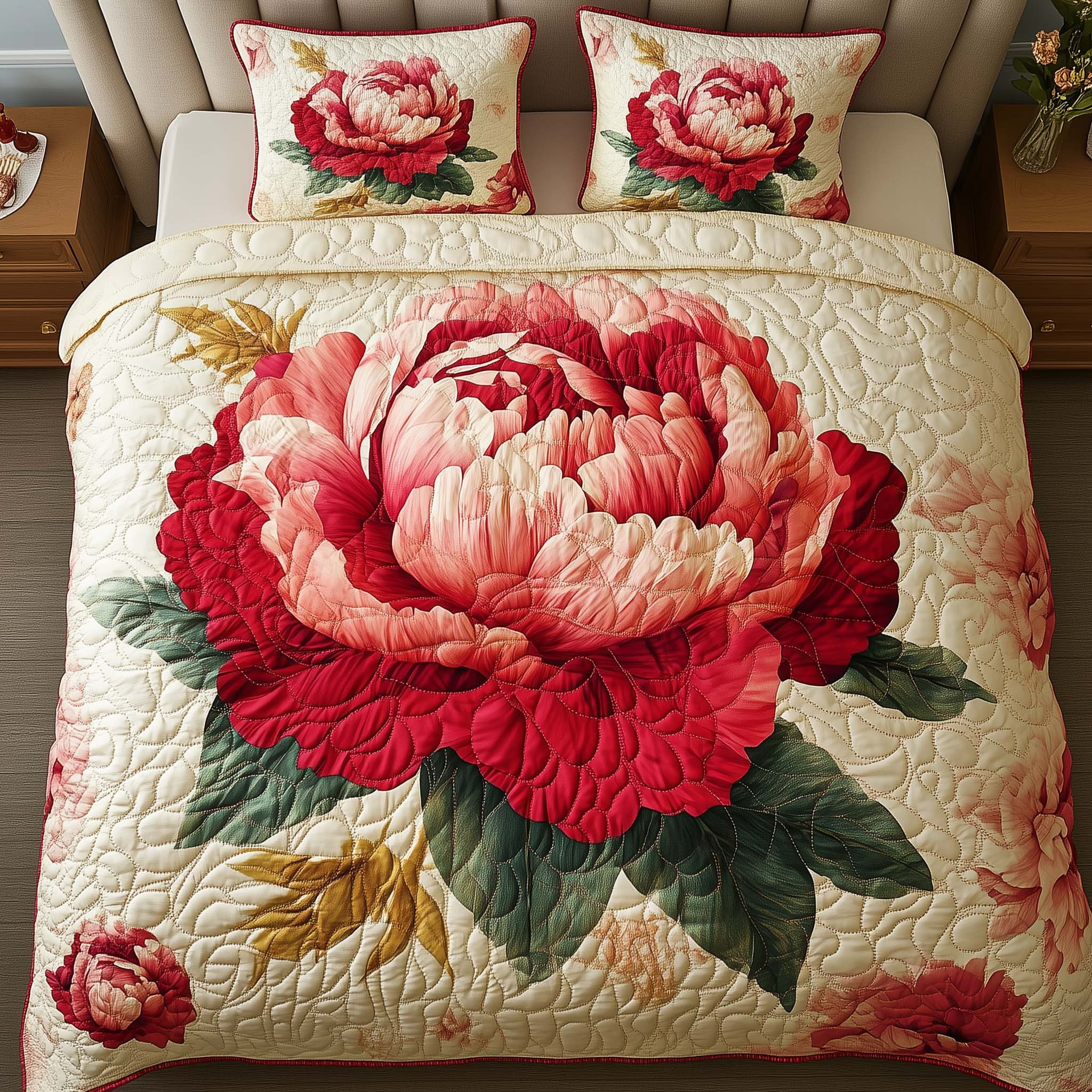 Peony Bloom Quilted Bedding Set Unique Garden Flower Home Decor Gift for Grandma - Tradiviet