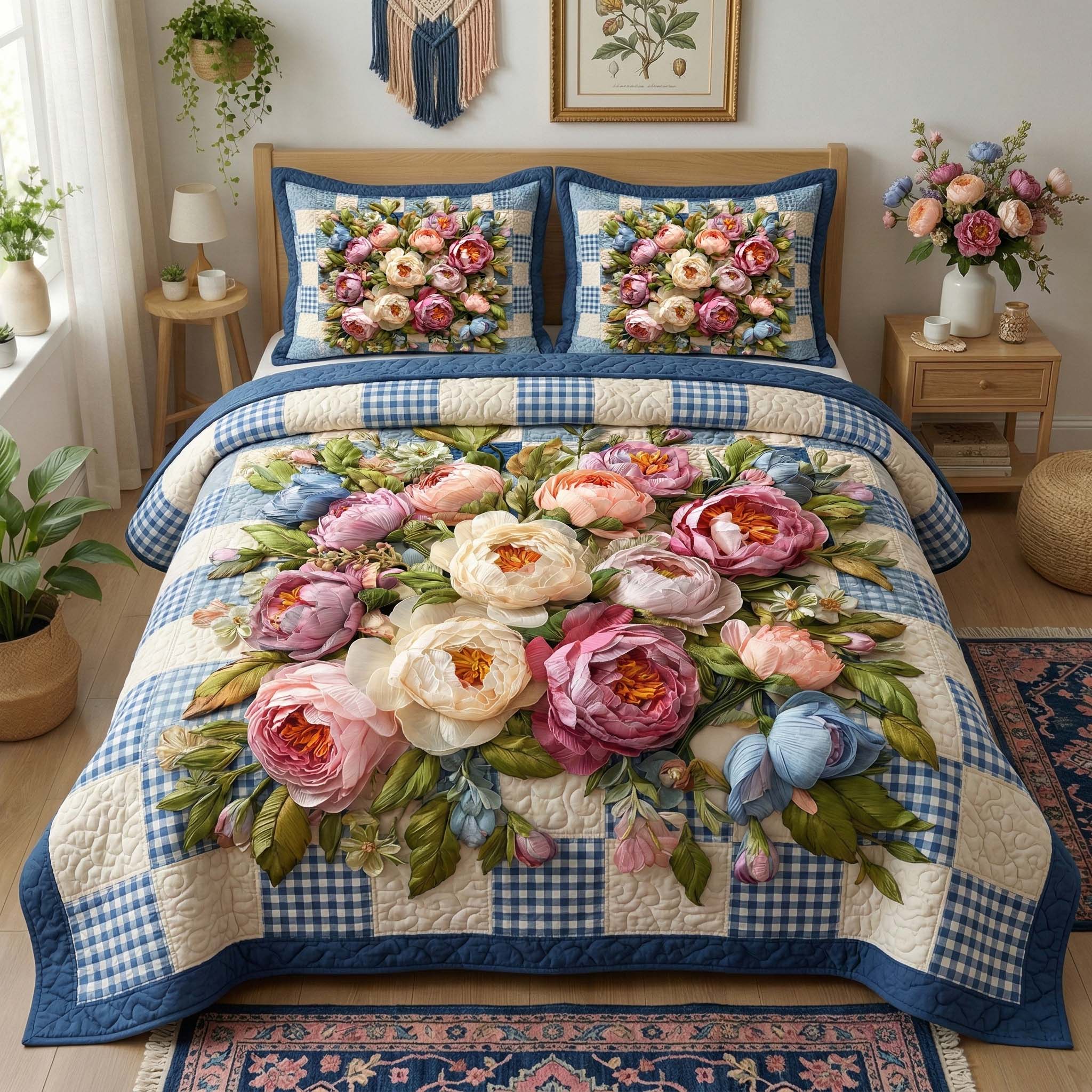 Peony Gingham Quilted Bedding Set Bed Room Decoration Gift For Floral Lovers - Tradiviet