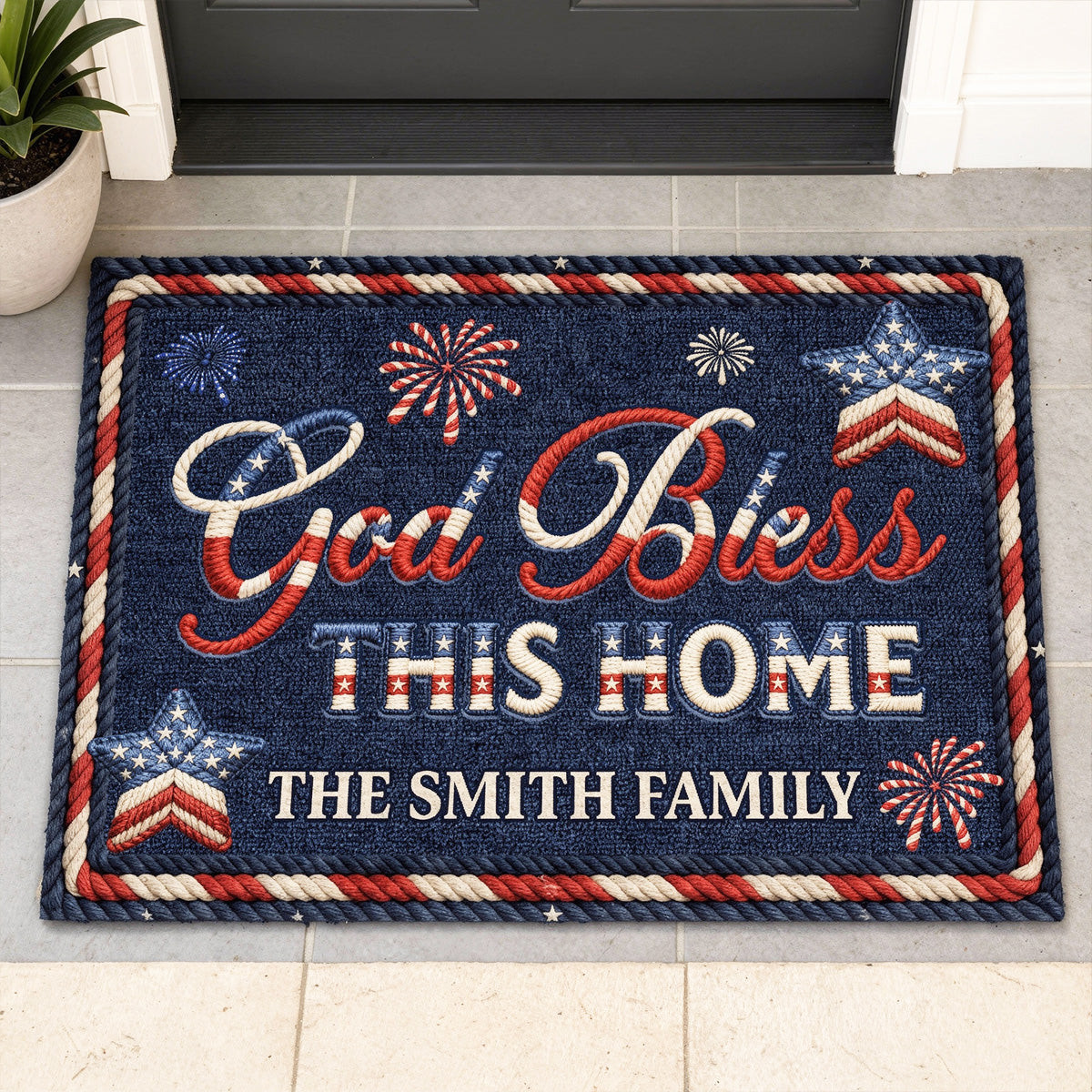 Personalized God Bless This Home Doormat In God We Trust Outdoor Welcome Mat Gifts For 4Th Of July - Tradiviet