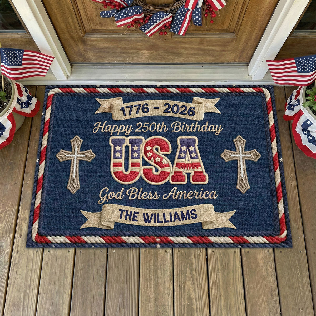 Personalized USA 250th Birthday Doormat In God We Trust Welcome Mat Gifts For Independence Day - Tradiviet