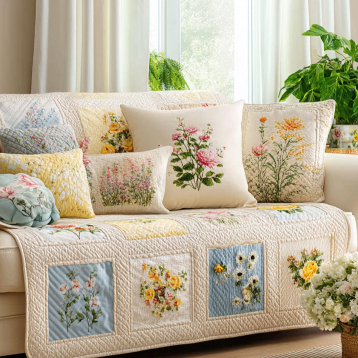 Petal Breeze Quilted Sofa Cover Soft Floral Breeze Pattern Gift For Mom