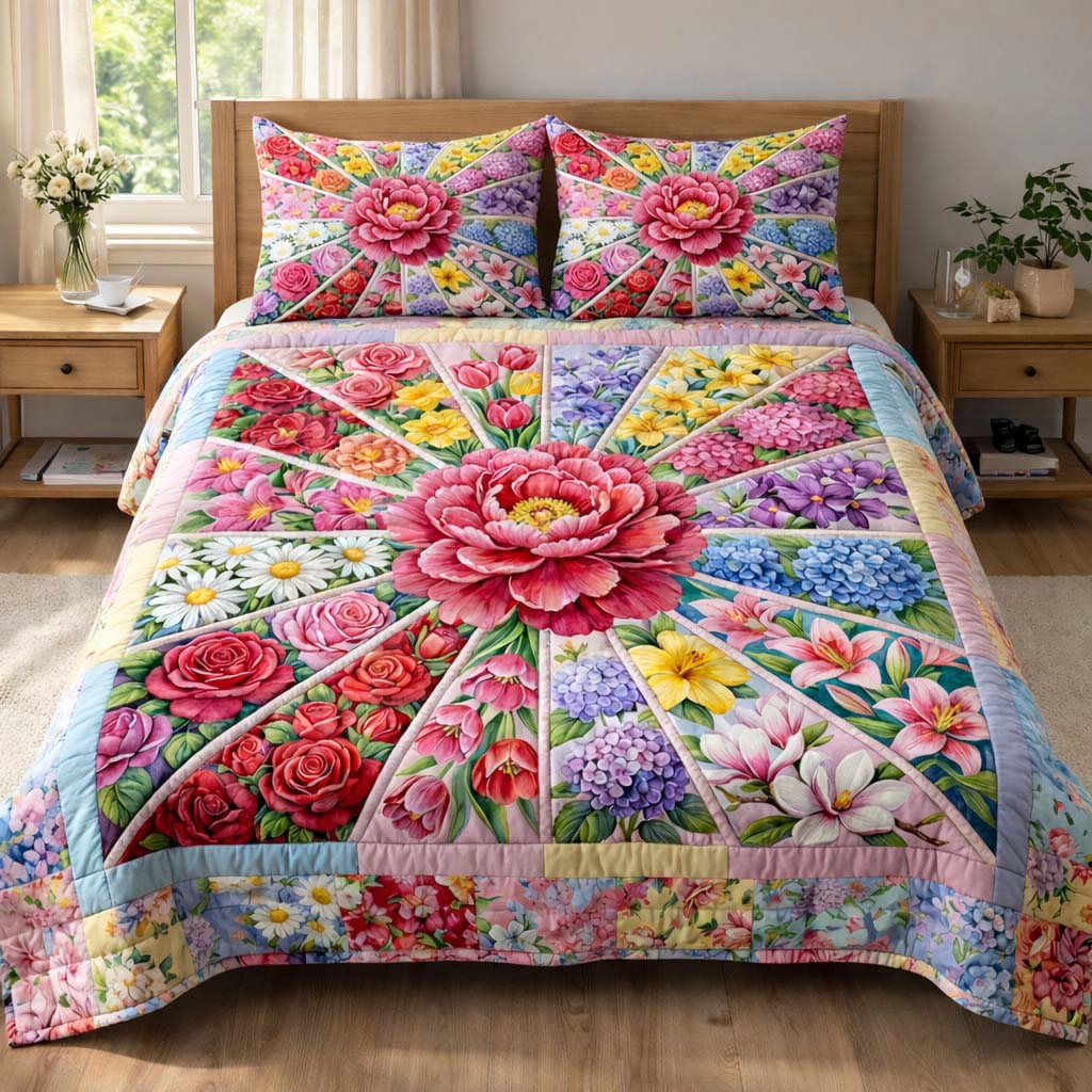 Petal Burst Quilted Bedding Set Holiday House Decorations Mother's Day Gift Ideas - Tradiviet
