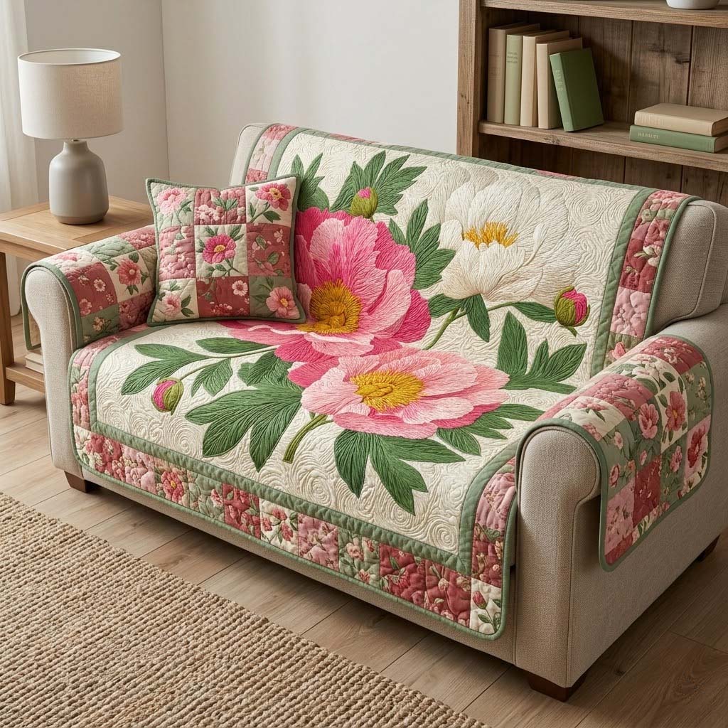 Pink Peony Cottage Quilted Sofa Cover Cottage Floral Peony Pattern Gift For Mom