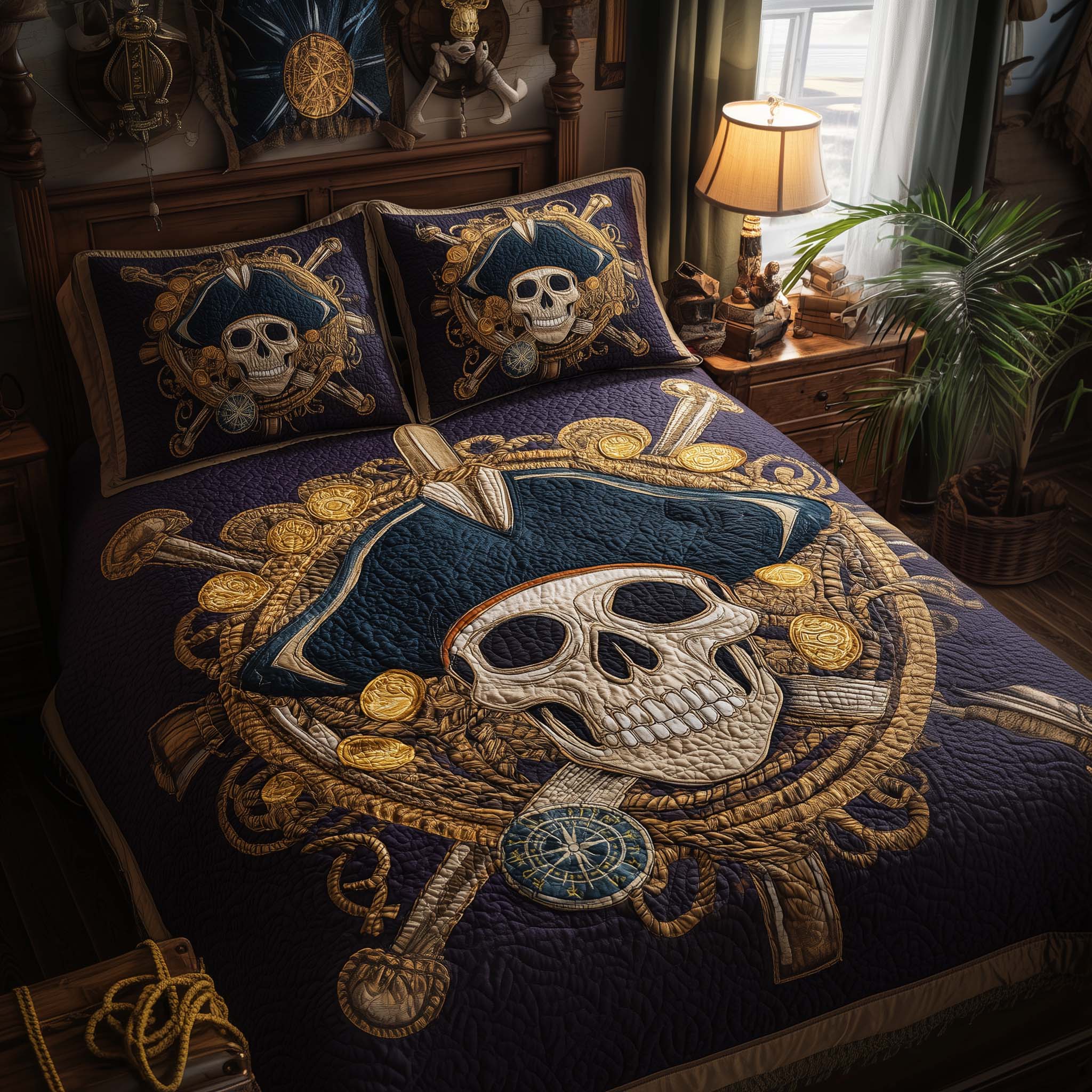 Pirate Skull Quilted Bedding Set Holiday Bedroom Decor Skull Themed Gifts For Him - Tradiviet