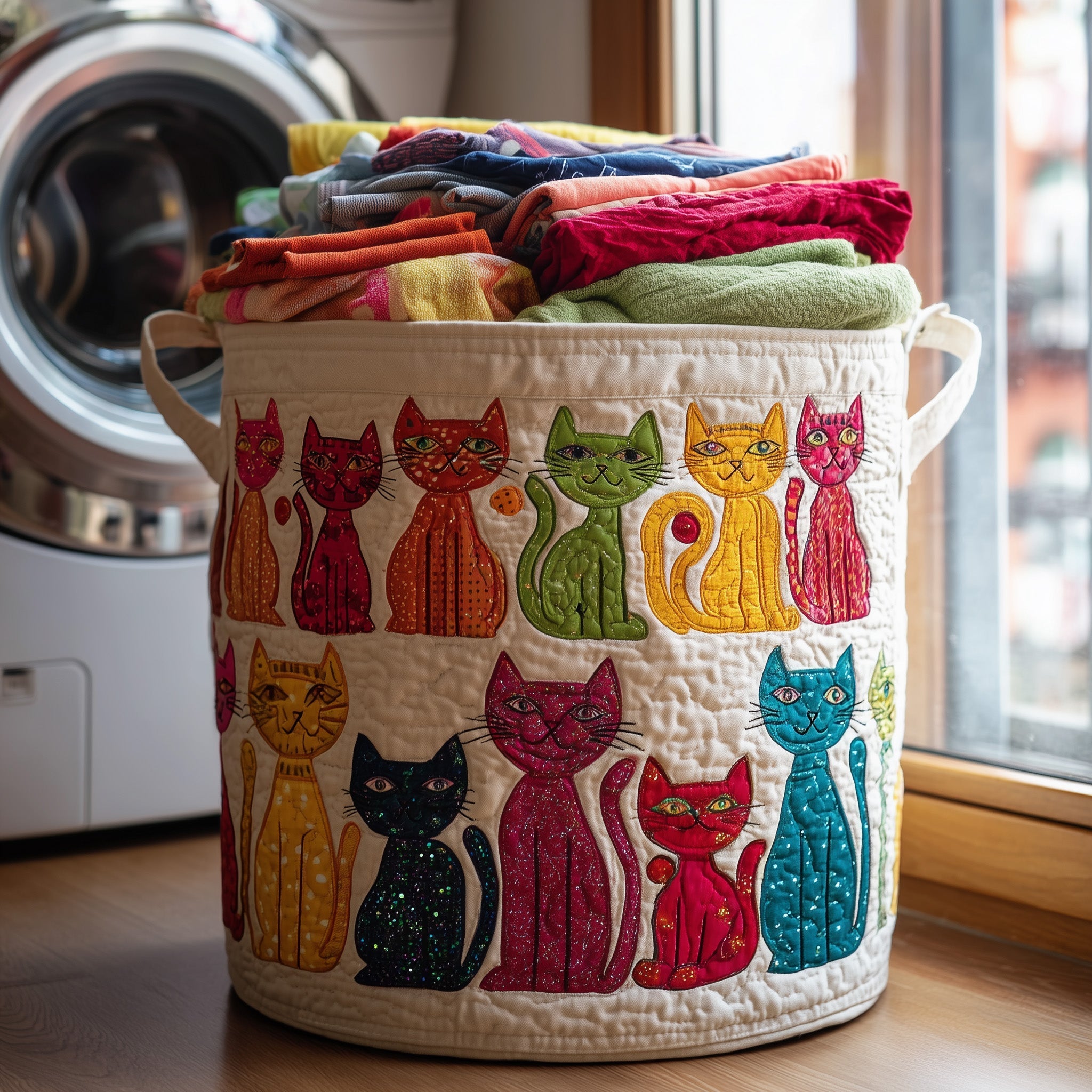 Playful Cat Quilted Laundry Basket Holiday Room Decor Presents For Daughter - Tradiviet