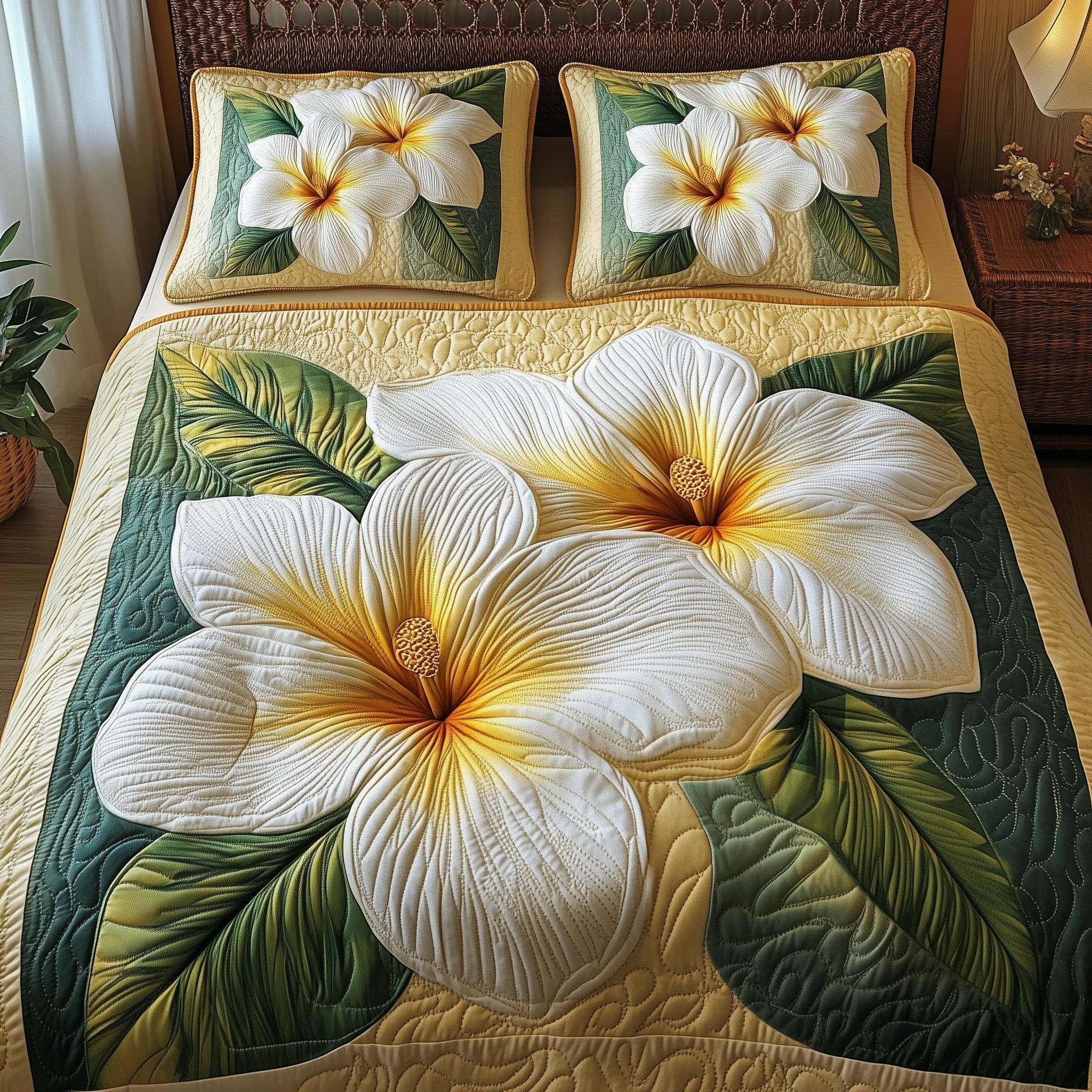Plumeria Dreams Quilted Bedding Set Flower Lover Bedspread Gifts For Wife - Tradiviet