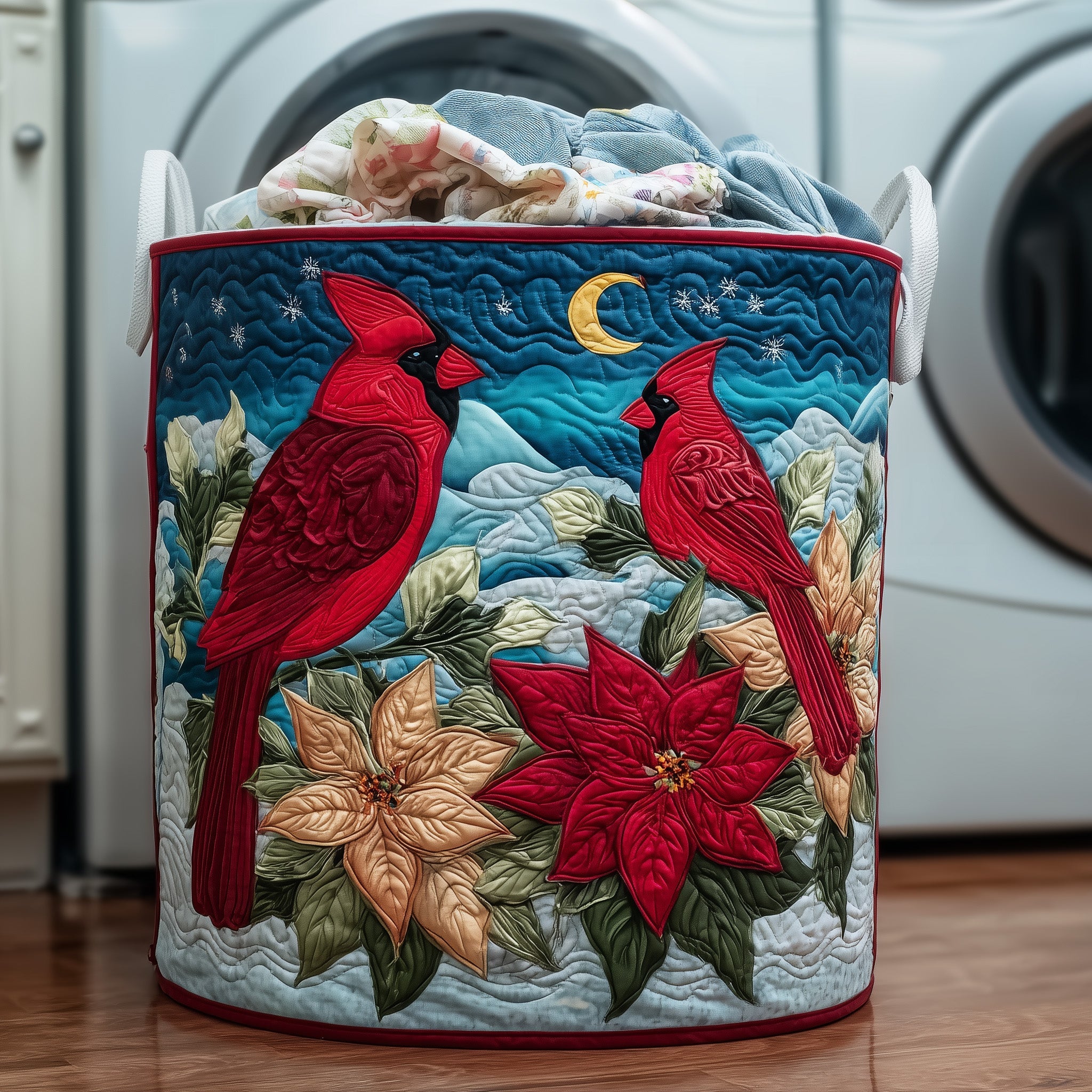 Poinsettia and Cardinal Quilted Laundry Basket Best Laundry Hamper Gift Ideas For Mom - Tradiviet