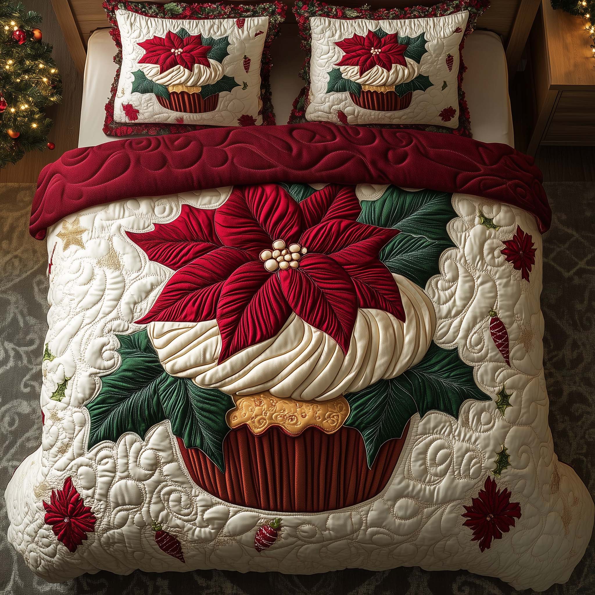 Poinsettia Cupcake Quilted Bedding Set Bed Room Decoration Gift Vibrant Flower Holiday - Tradiviet