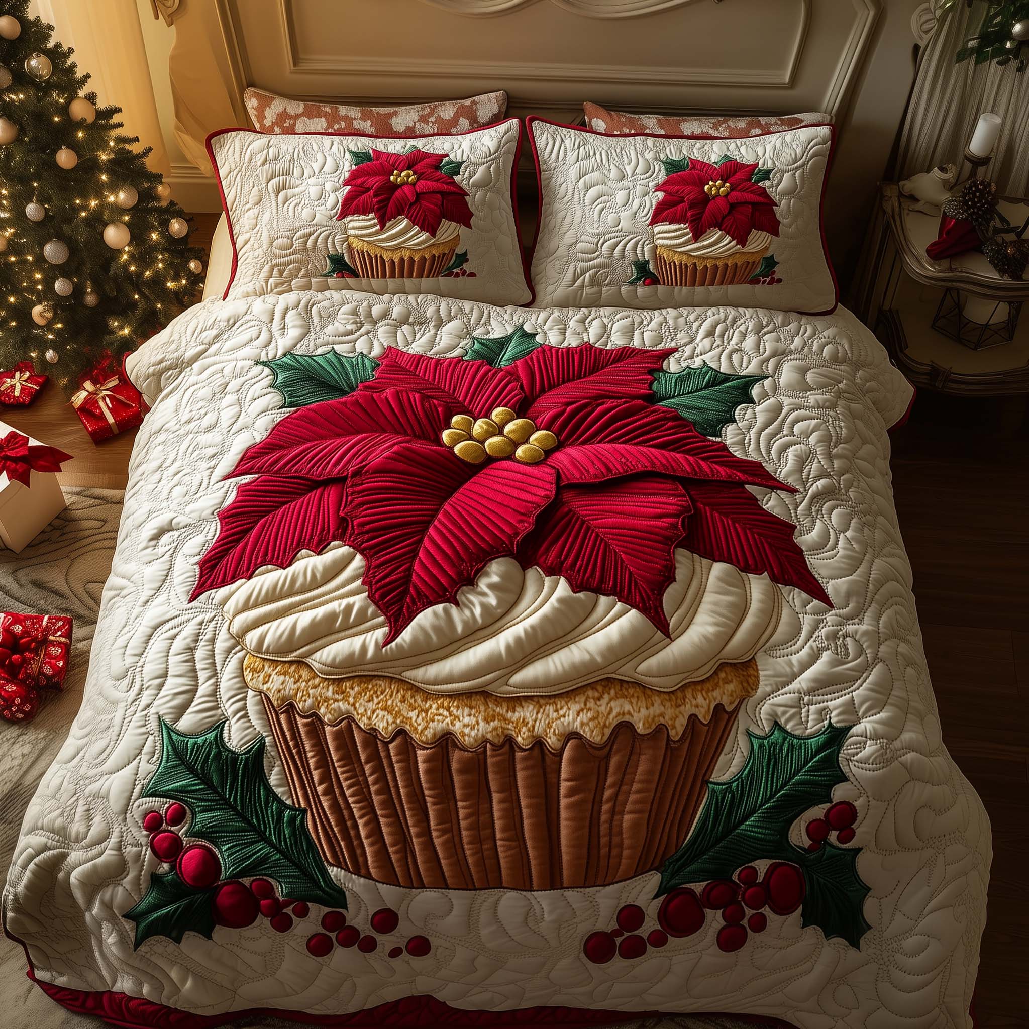 Poinsettia Cupcake Quilted Bedding Set Holiday Home Decor Ideas Gift Sweet Holiday Surprise - Tradiviet