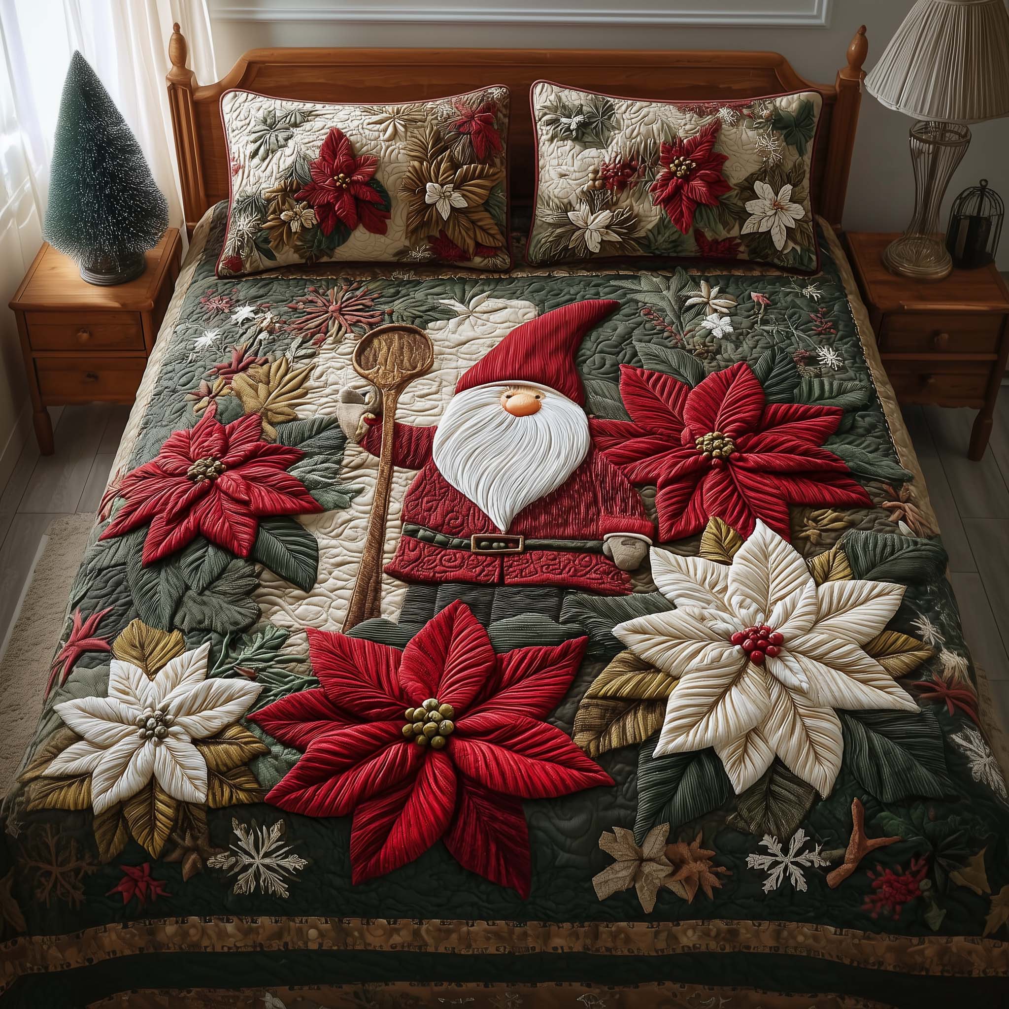 Poinsettia Gnome Quilted Bedding Set Holiday Home Decor Gnome Presents - Tradiviet