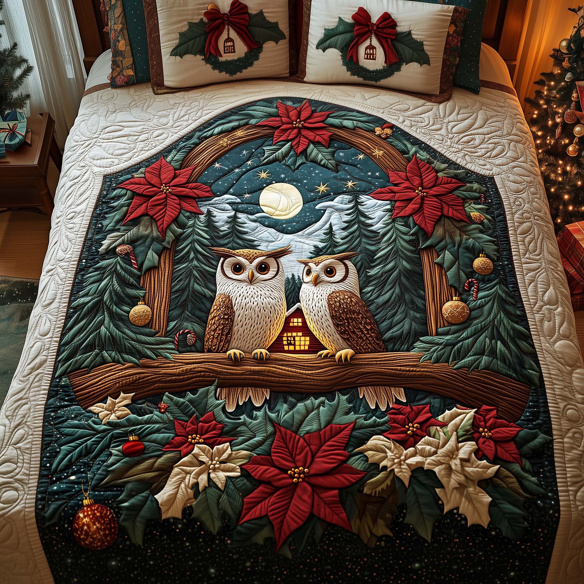 Poinsettia Owls Quilted Bedding Set Holiday Decorations Unique Gifts For Owl Lovers - Tradiviet