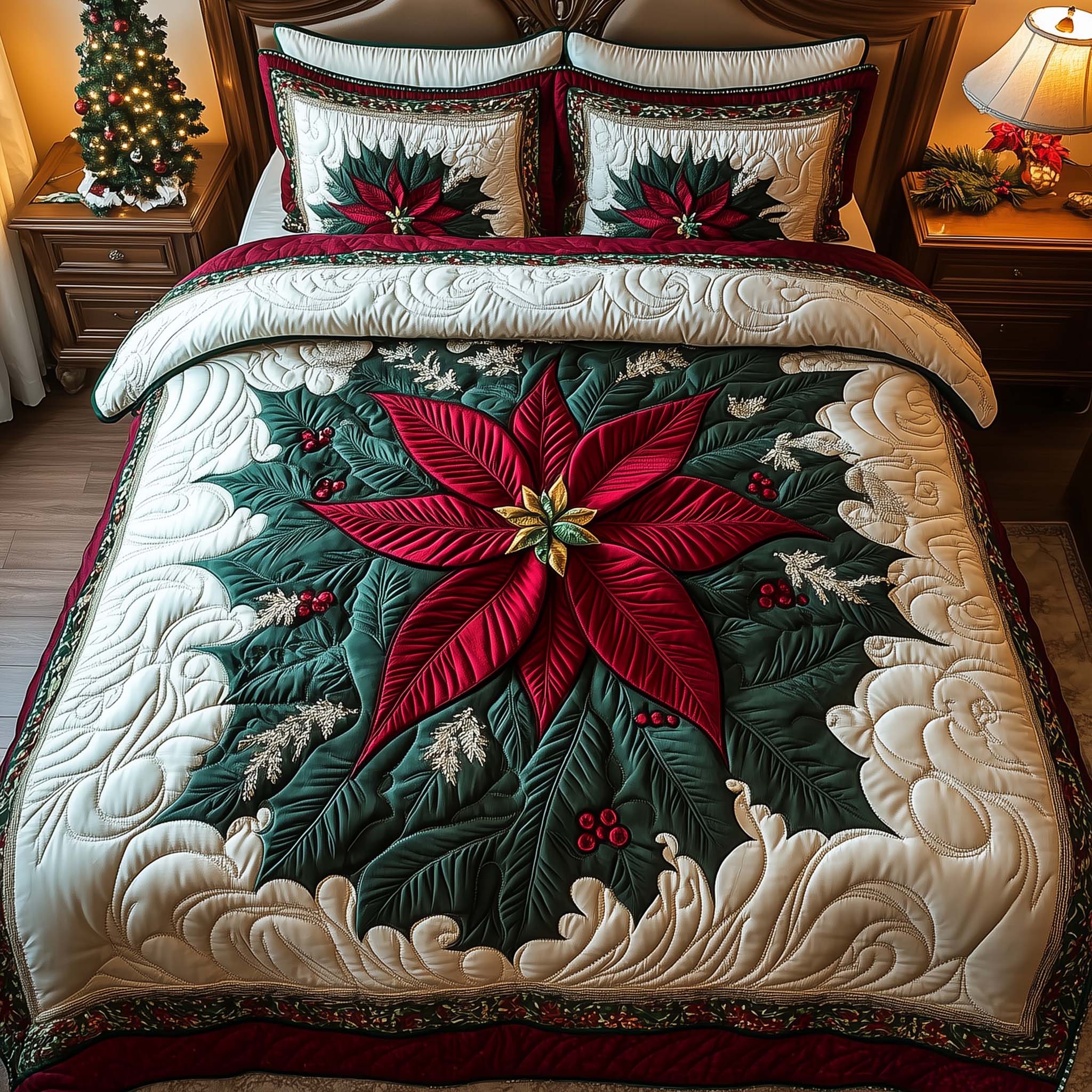 Poinsettia Quilted Bedding Set Bedroom Decorations Gift Classic Holiday Flower - Tradiviet