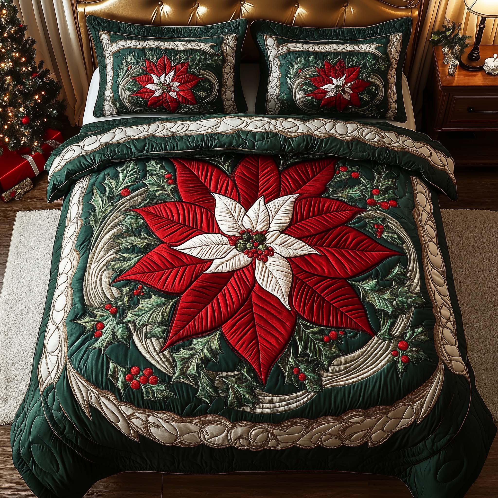 Poinsettia Quilted Bedding Set Room Decoration Items Gift Stunning Holiday - Tradiviet