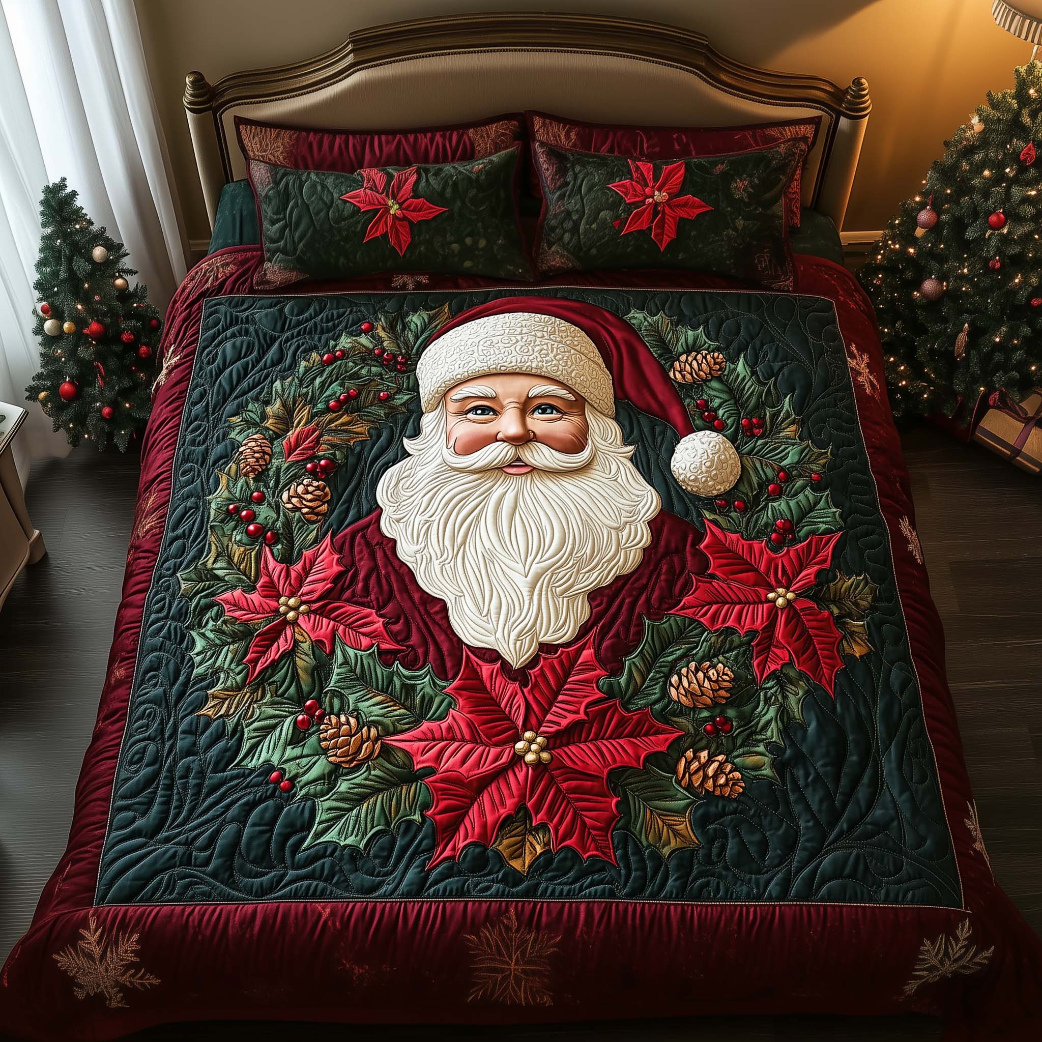 Poinsettia Santa Quilted Bedding Set Mens Bedroom Decor Cozy Santa Claus Gift For Her - Tradiviet