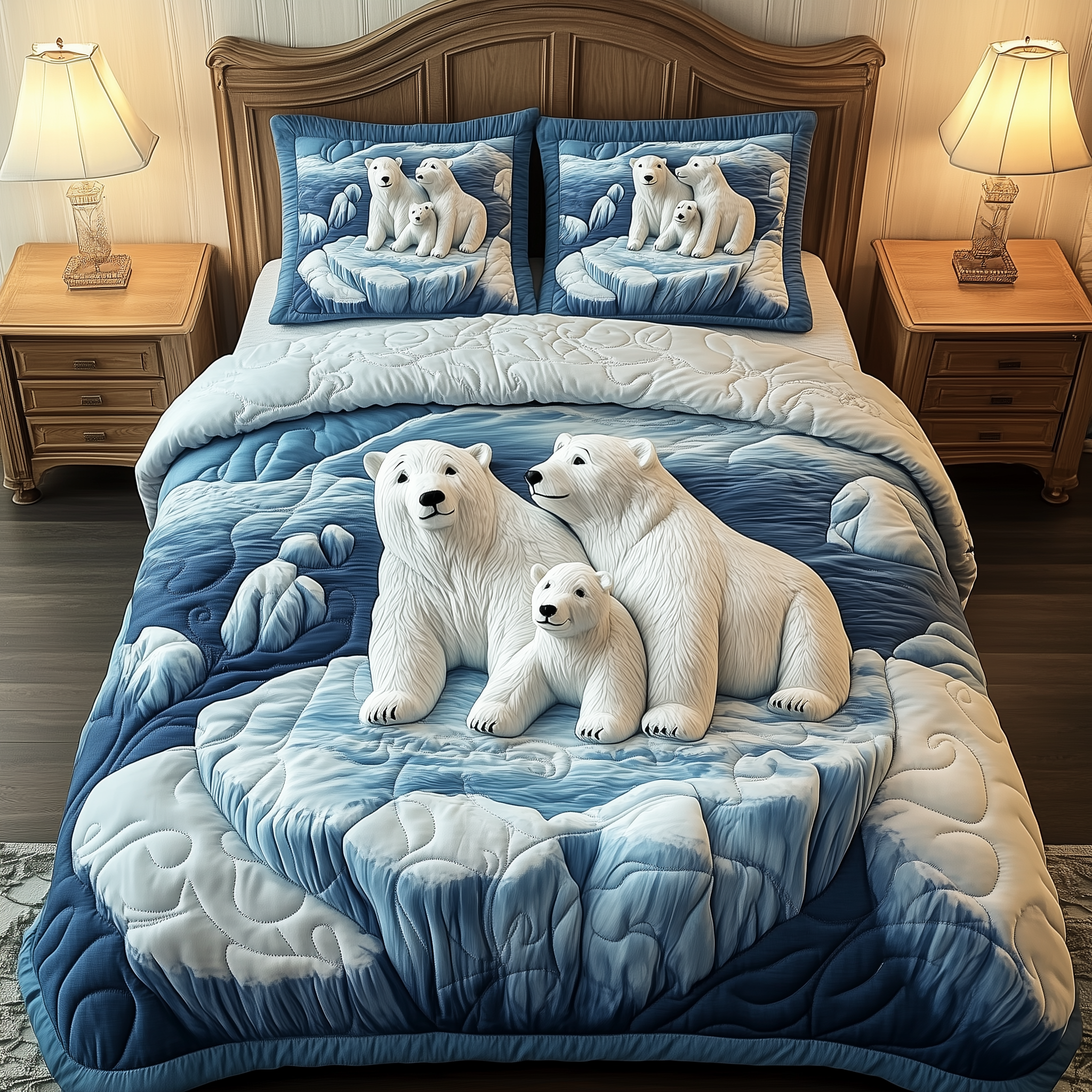 Polar Bear Family Quilted Bedding Set Bed Room Decoration Gift Ideas For Bear Lovers - Tradiviet
