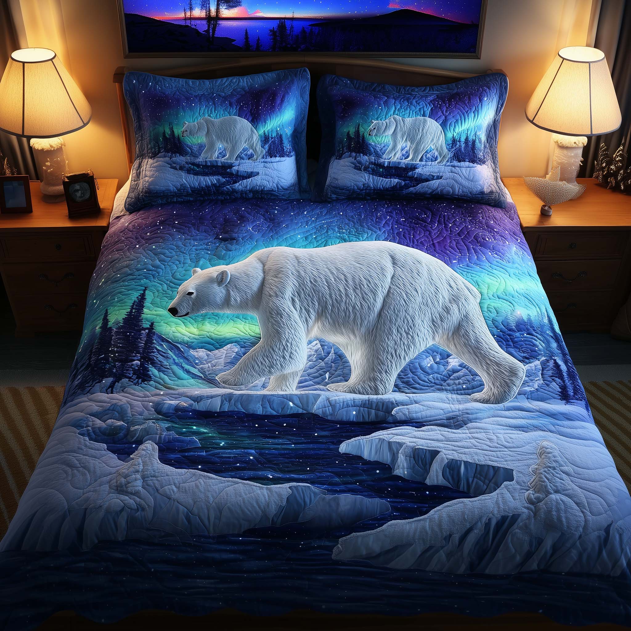 Polar Bear Quilted Bedding Set Holiday Bedroom Decor Bear Gifts For Him Her - Tradiviet