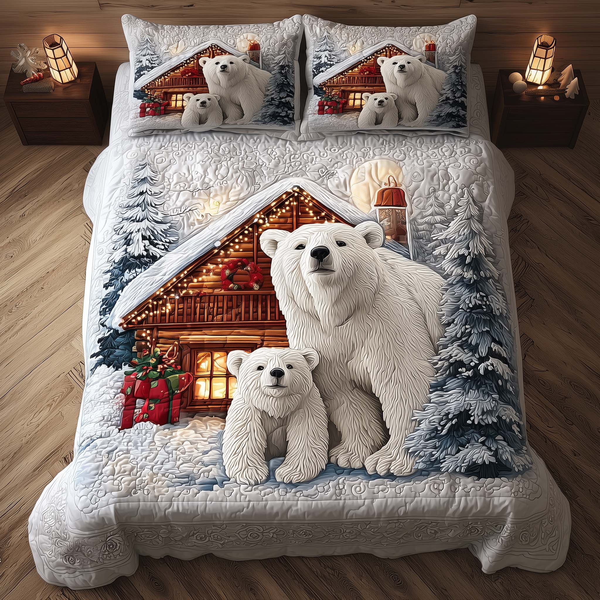 Polar Bear Quilted Bedding Set Holiday Bedroom Decor Bear Lovers Gifts For Him - Tradiviet